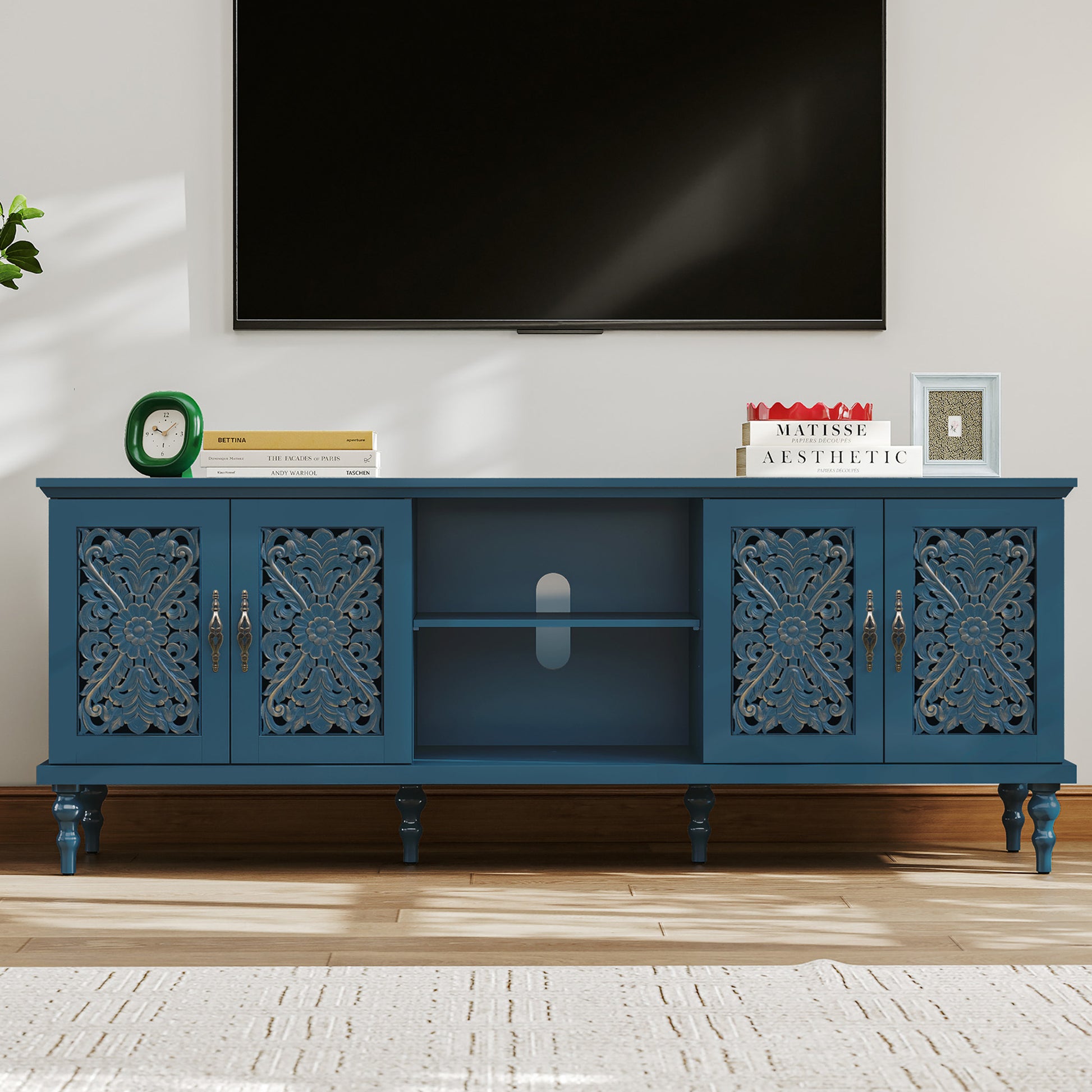 HLR Retro 67" TV Stand, for TVs up to 75", Living Room Entertainment Center with Carved Storage Cabinet, Blue
