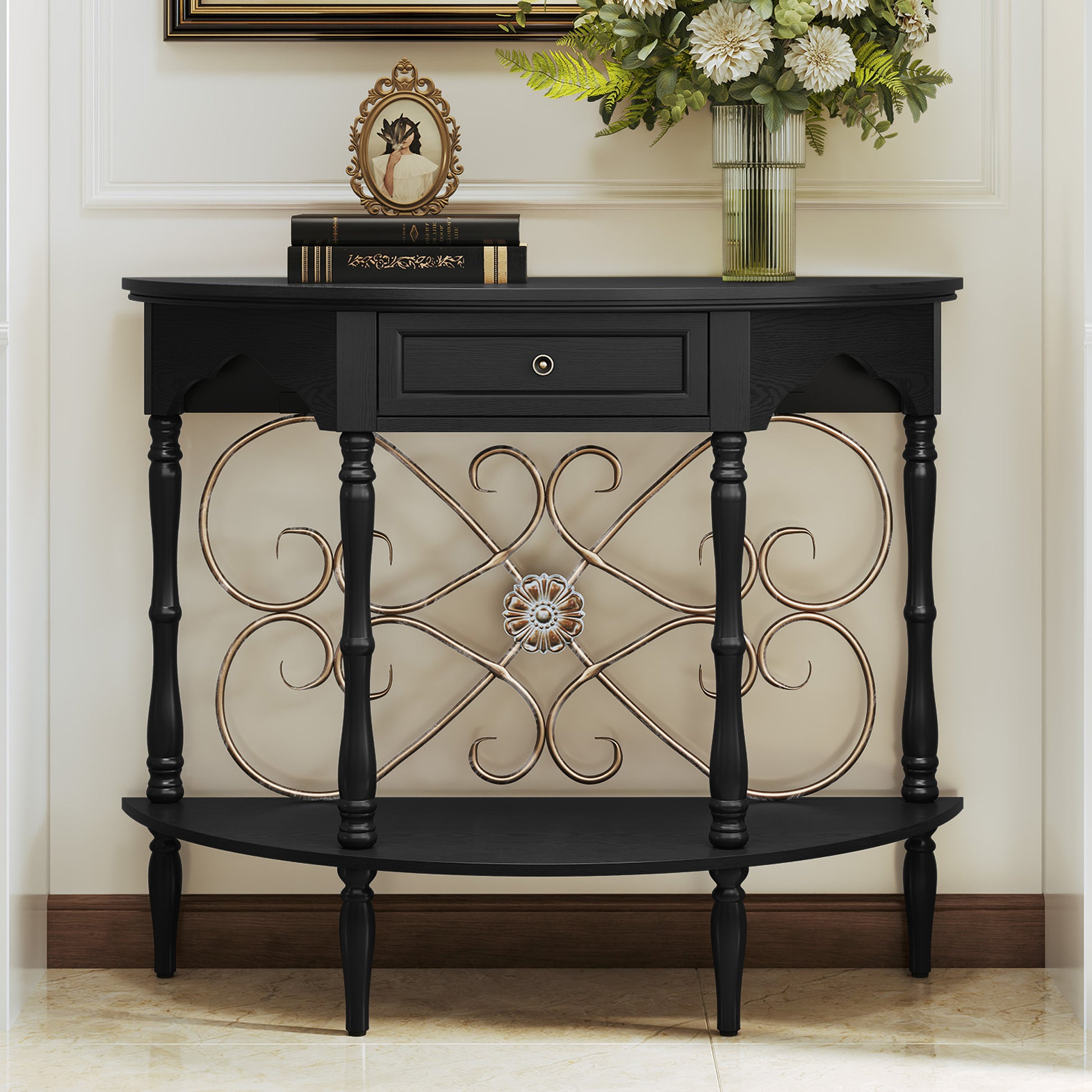 HLR 40" Mid Century Console Table with Drawer, Assembled Entryway Table with Storage for Hallway, Black