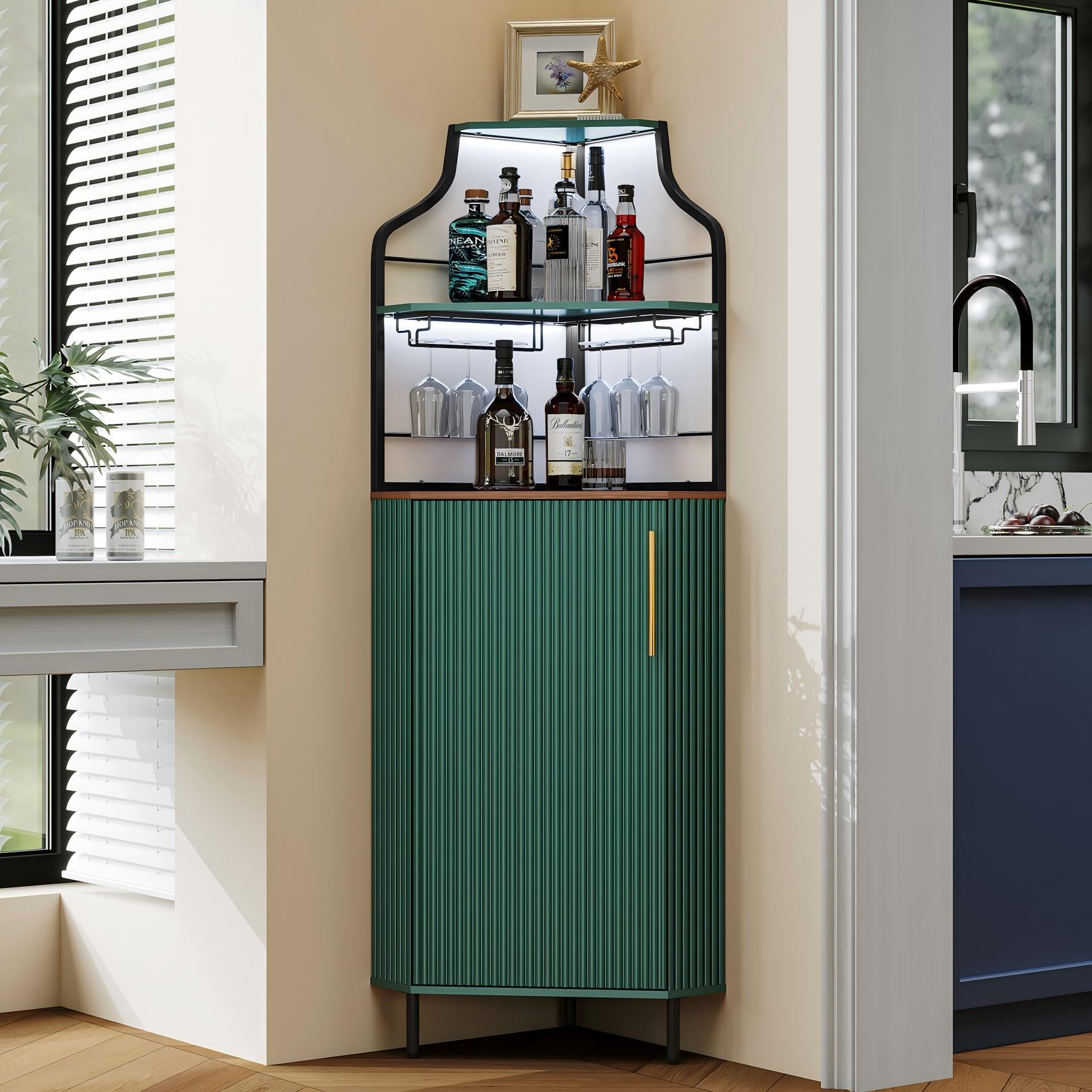 CBJCBJ Corner Coffee Bar Cabinet with LED Strip, Modern Wine Bar Cabinet with Cup Rack, for Dining Room