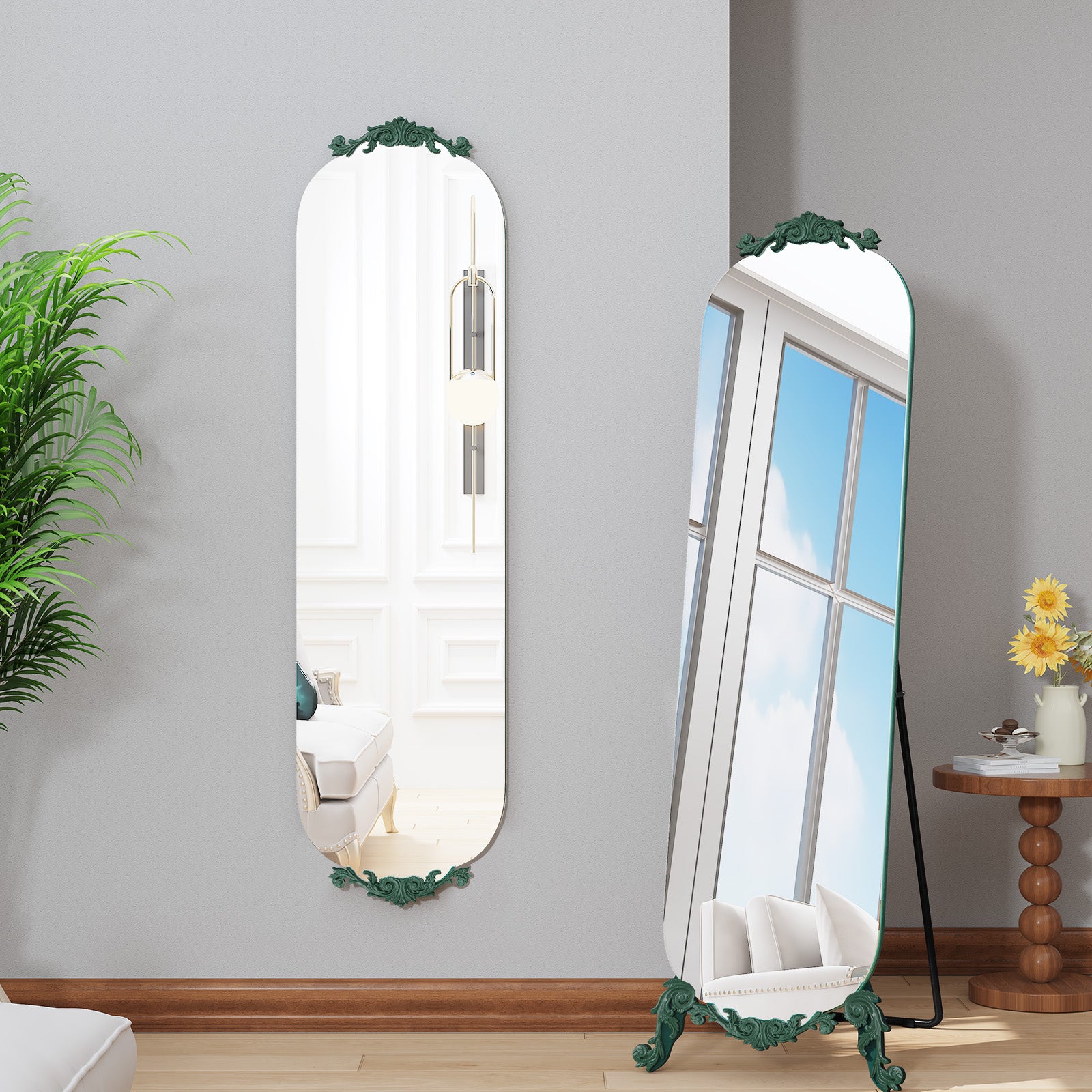 CBJCBJ Retro Carved Frameless Full-Length Mirror, High-Definition Explosion-Proof Bedroom Dressing Mirror,Green