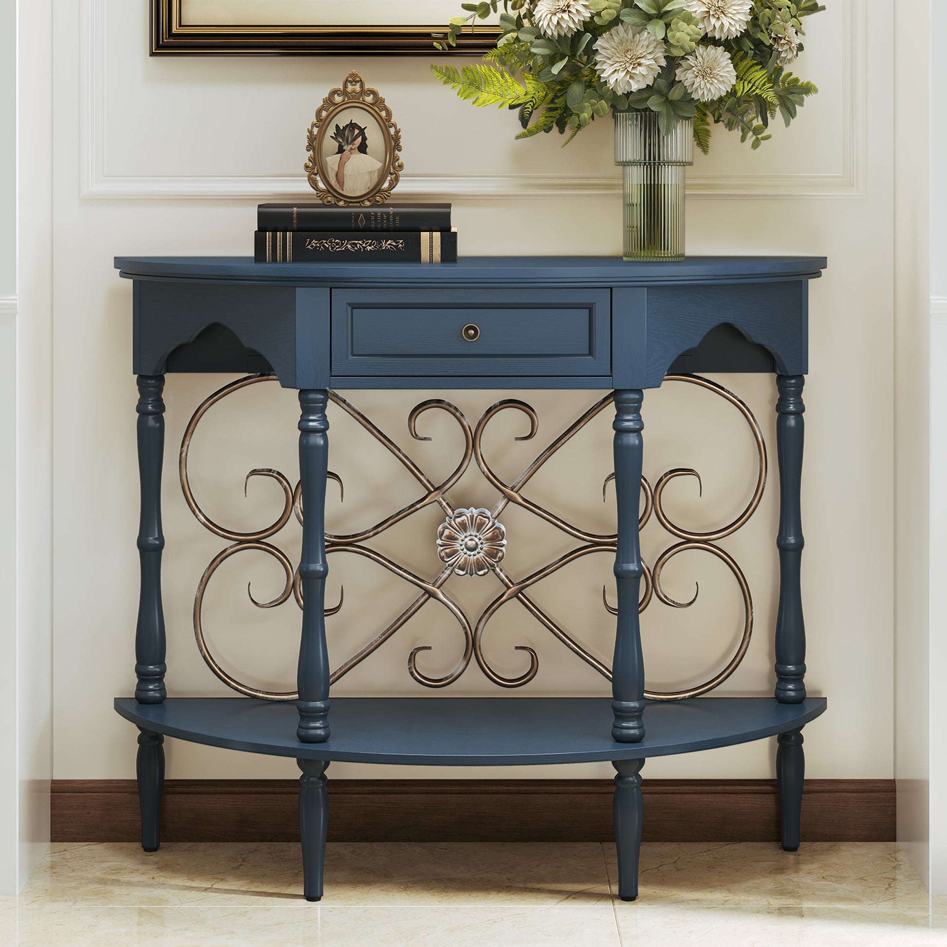 HLR 40" Mid Century Console Table with Drawer, Assembled Entryway Table with Storage for Hallway, Blue