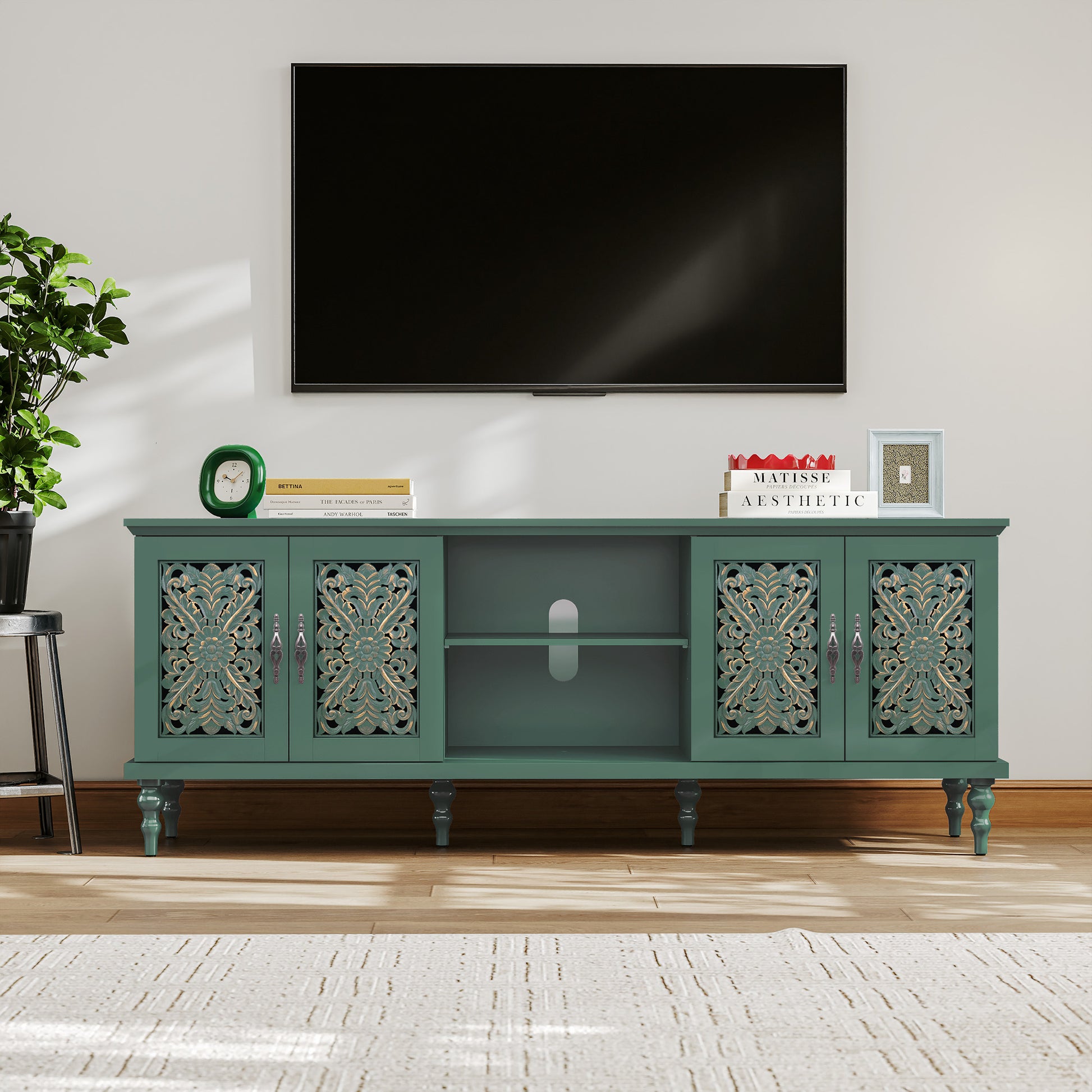 HLR Retro 67" TV Stand, for TVs up to 75", Living Room Entertainment Center with Carved Storage Cabinet, Green