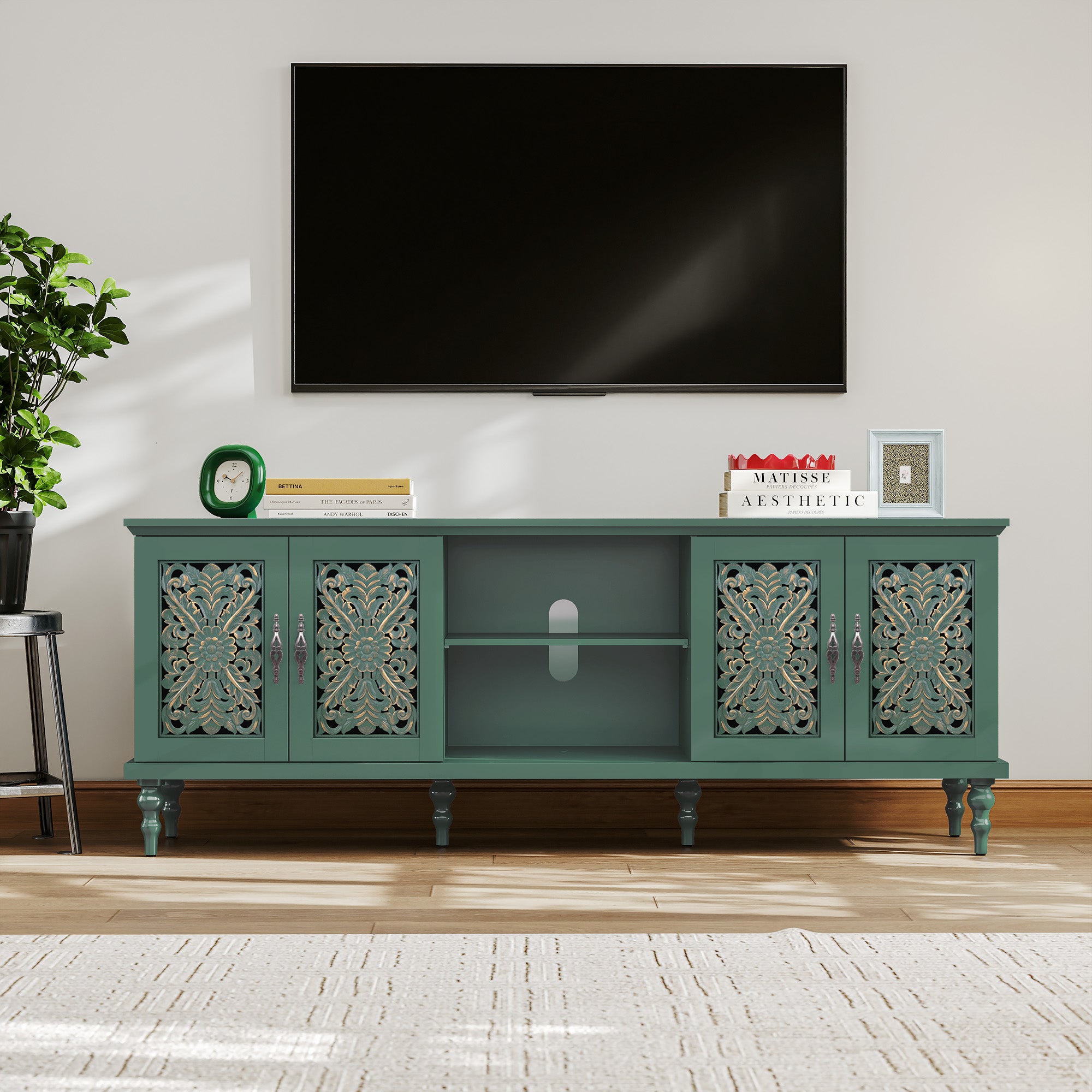 HLR Retro 67" TV Stand, for TVs up to 75", Living Room Entertainment Center with Carved Storage Cabinet, Green