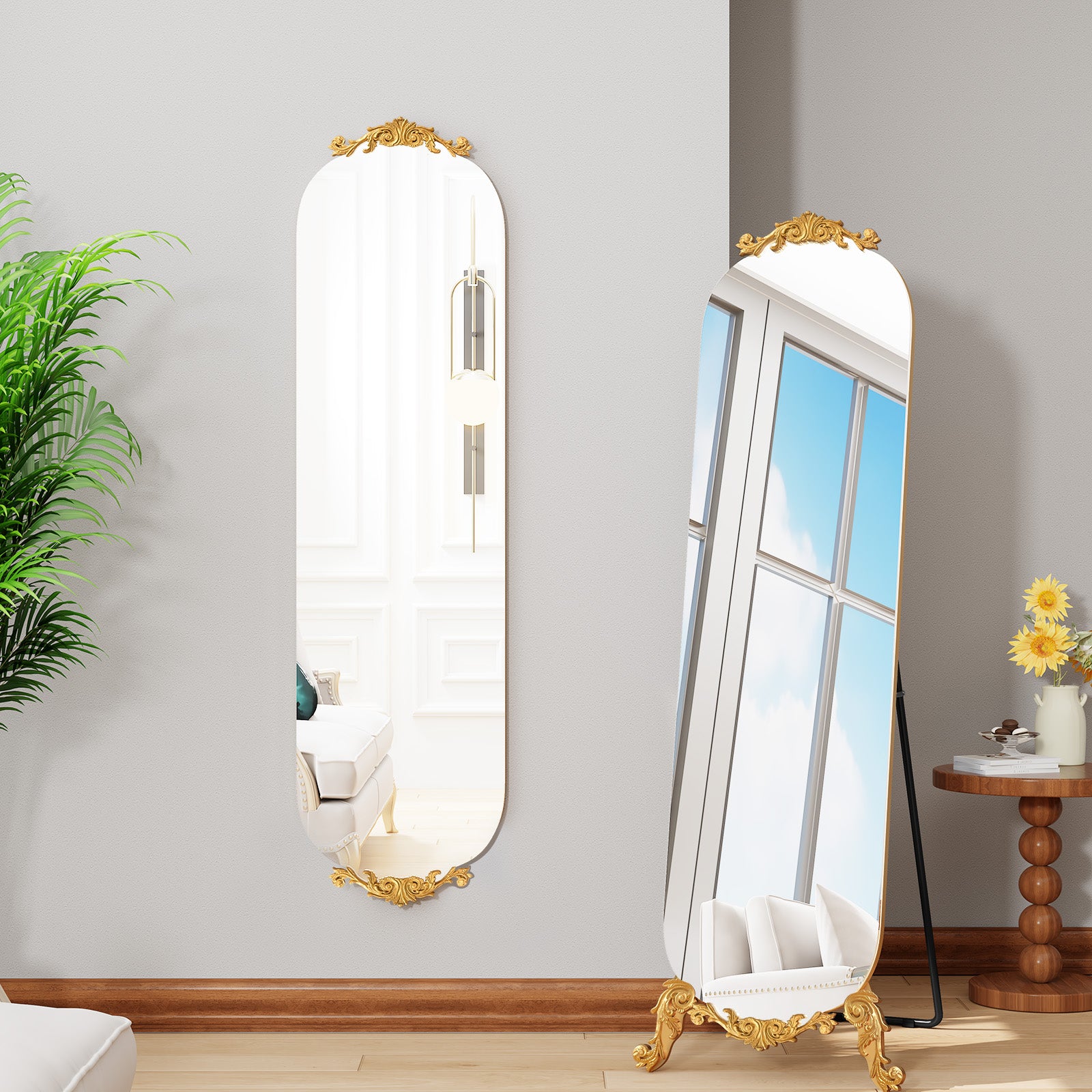 CBJCBJ Retro Carved Frameless Full-Length Mirror, High-Definition Explosion-Proof Bedroom Dressing Mirror,Gold