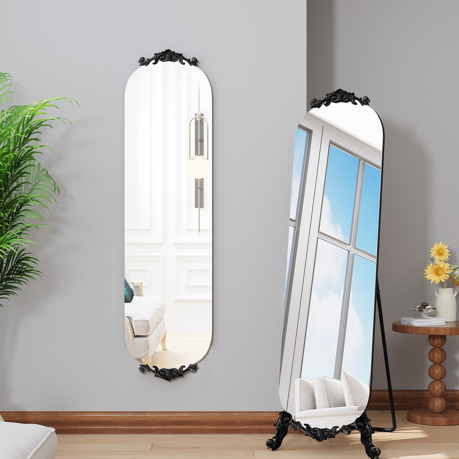 CBJCBJ Retro Carved Frameless Full-Length Mirror, High-Definition Explosion-Proof Bedroom Dressing Mirror,Black