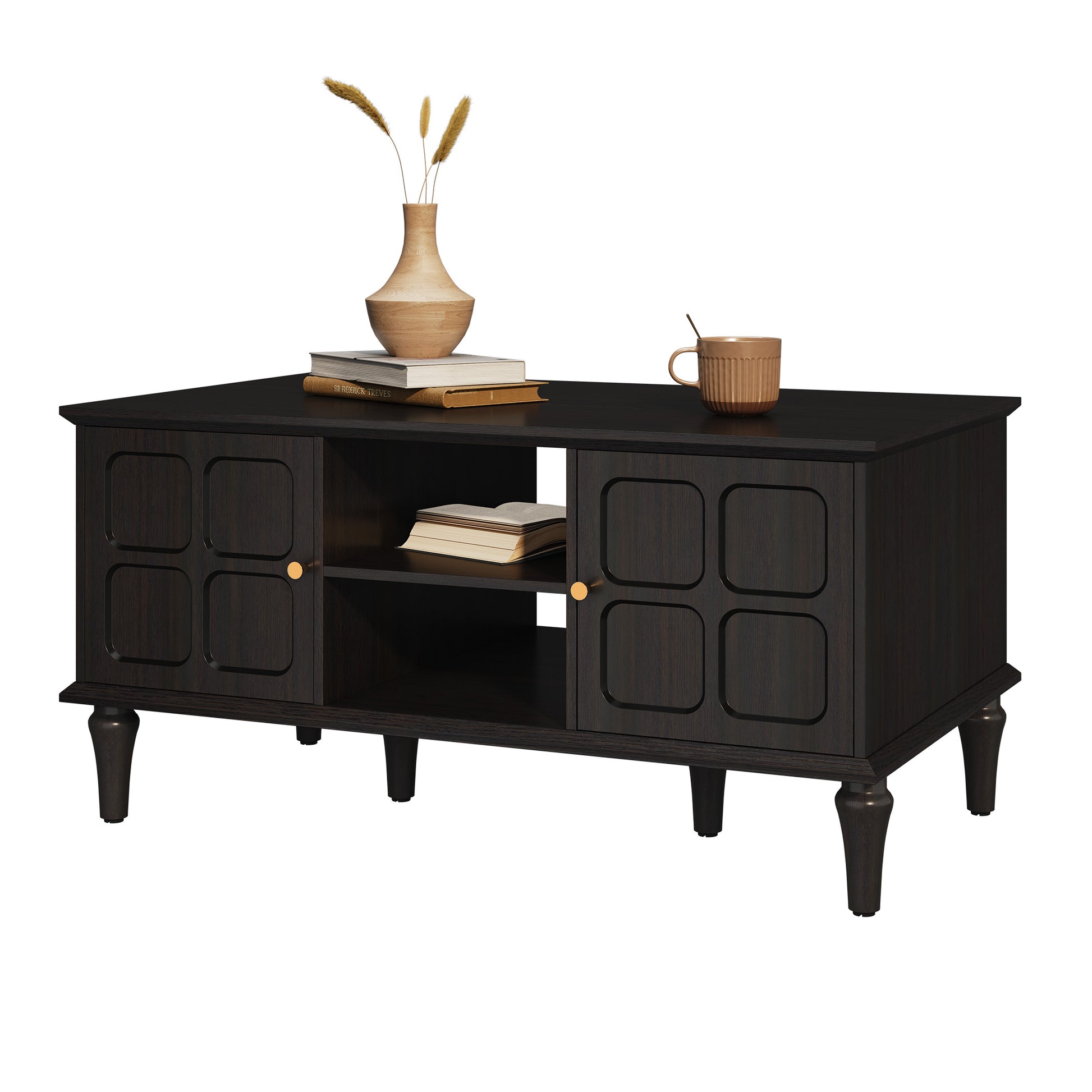 CBJCBJ Mid-Century Coffee Table,Living Room Center Table with 4-Door Storage and Open Storage, Black