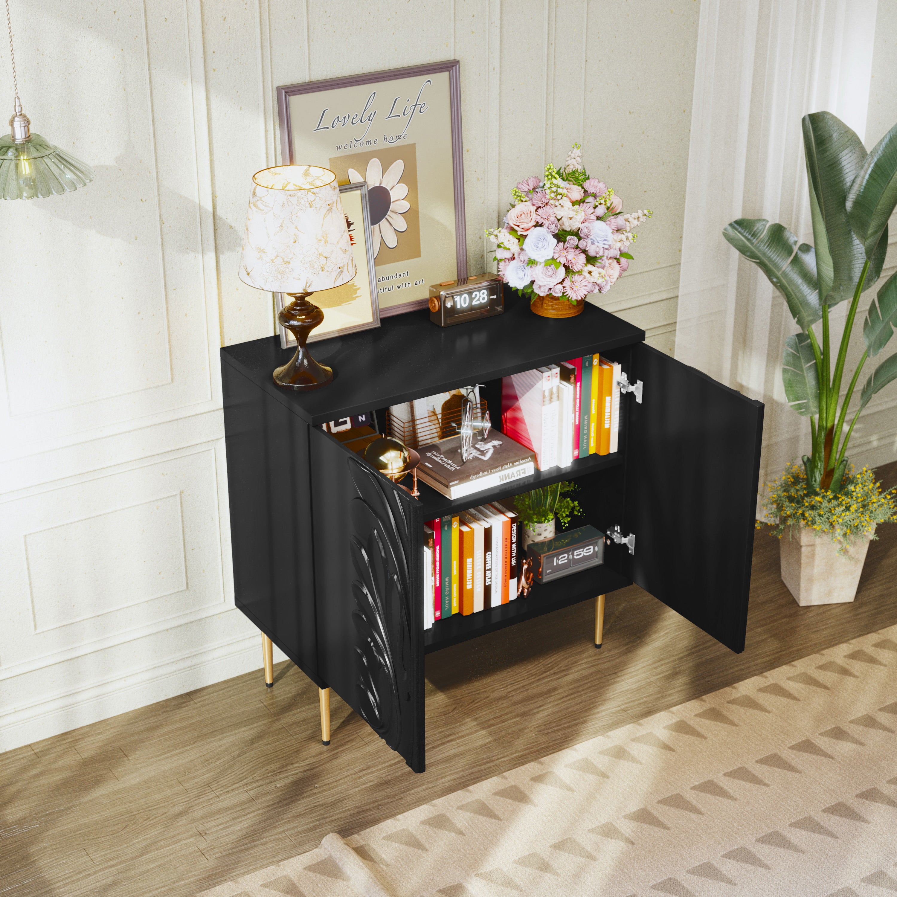CBJCBJ Morden Floral 2 Doors Storage Cabinet Credenzas & Buffet Sideboards with Adjustable, Black