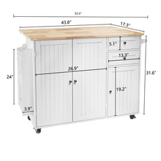 HLR 50.39" Kitchen Island with Storage, Wood Top Cart with Drop Leaf and Wheels, White