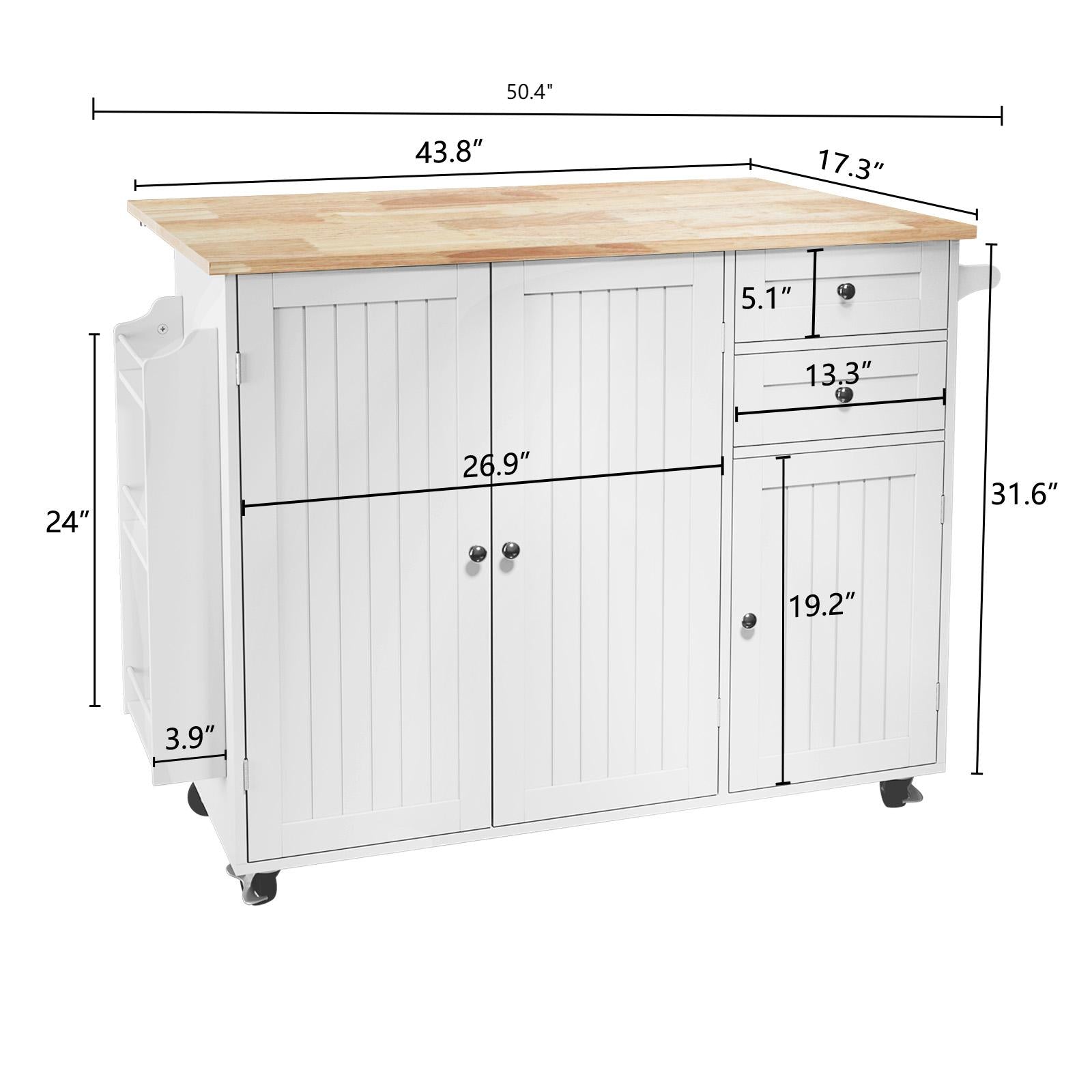 HLR 50.39" Kitchen Island with Storage, Wood Top Cart with Drop Leaf and Wheels, White