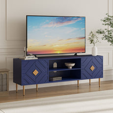 HLR Modern 70" TV Stand, for TVs up to 80", Living Room Entertainment Center with 4 Door Storage Cabinet, Blue