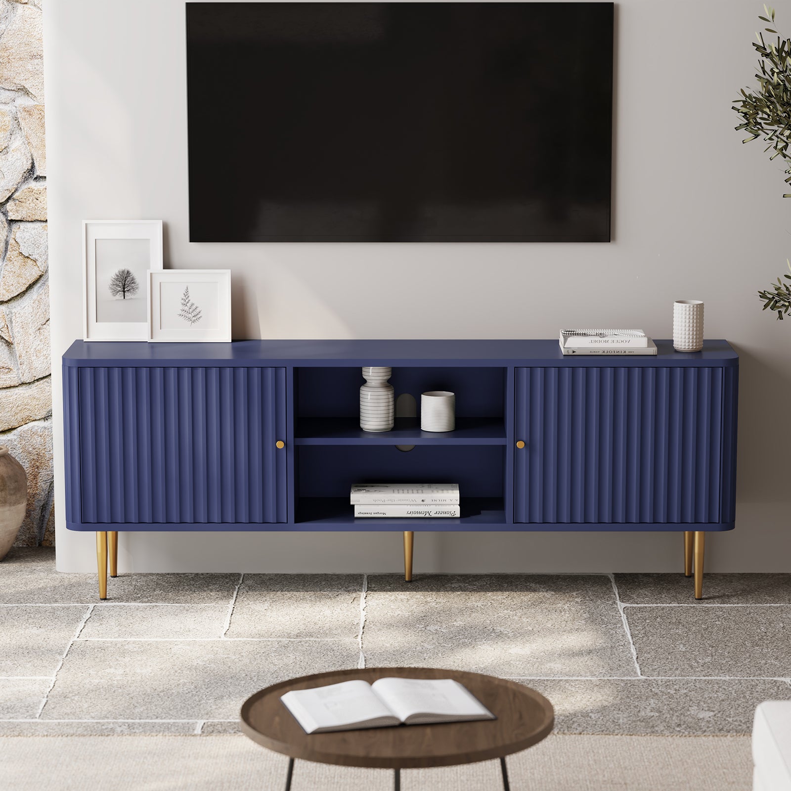 HLR 67 In Fluted TV Stand for TVs Up to 75 Inch, Mid Century Modern Entertainment Center with Storage, Blue