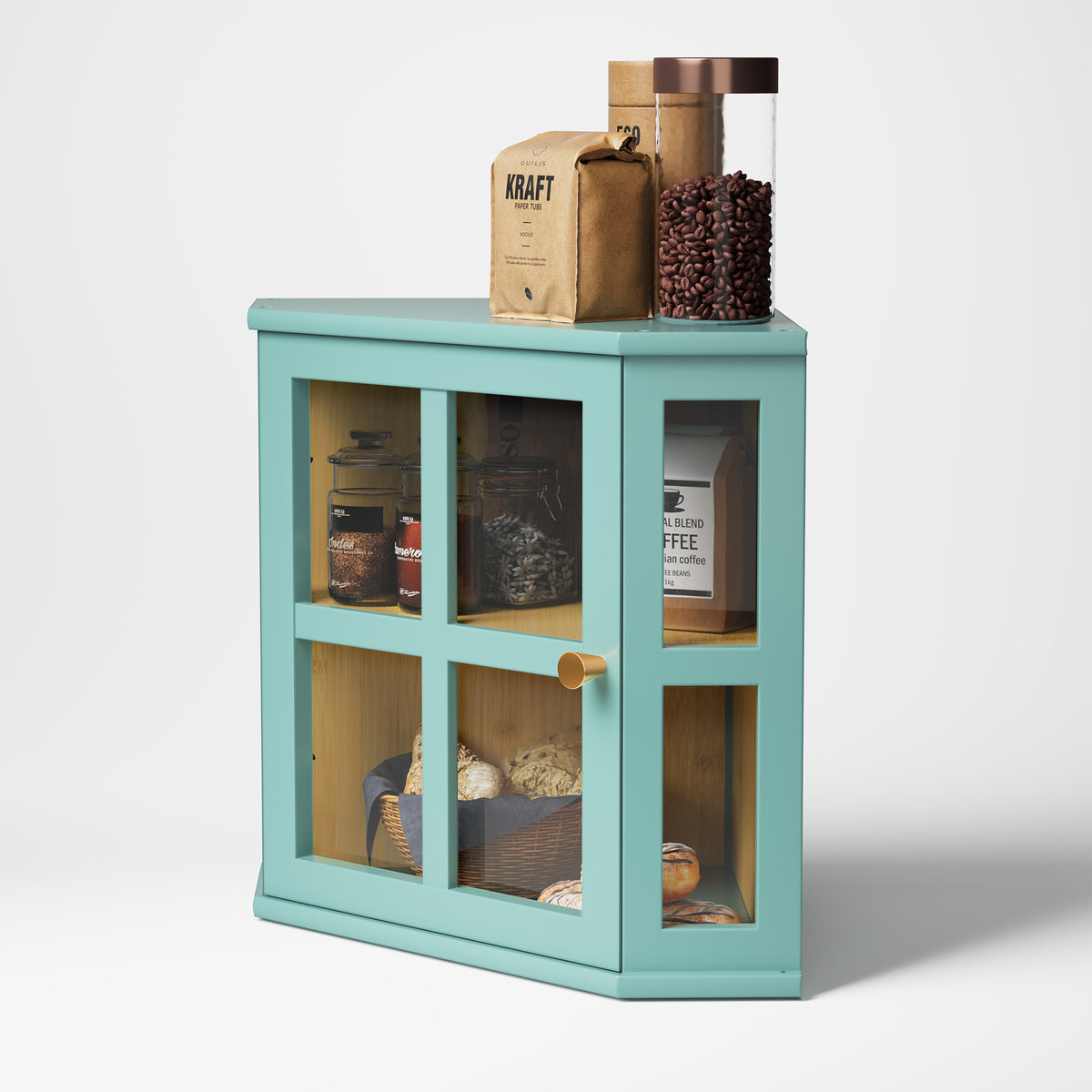 HLR Modern Double Layer Bamboo Bread Boxes for Kitchen Counter, Large Capacity Bread Storage Bin with Acrylic Door, Blue
