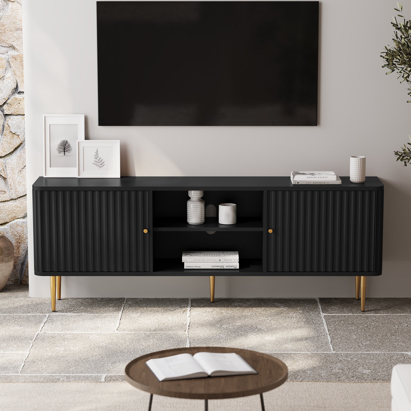 HLR 67 In Fluted TV Stand for TVs Up to 75 Inch, Mid Century Modern Entertainment Center with Storage, Black