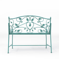 HLR Farmhouse Outdoor Bench with Rose Pattern, 41.7'' Metal Frame Patio Garden Chair Cast Iron, Light Blue