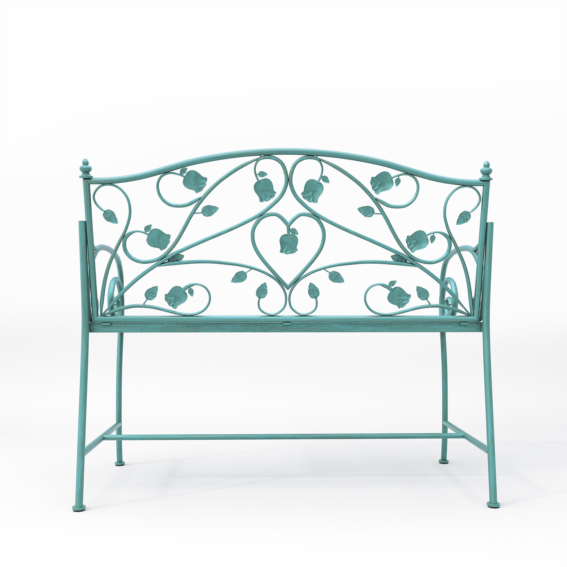 HLR Farmhouse Outdoor Bench with Rose Pattern, 41.7'' Metal Frame Patio Garden Chair Cast Iron, Light Blue