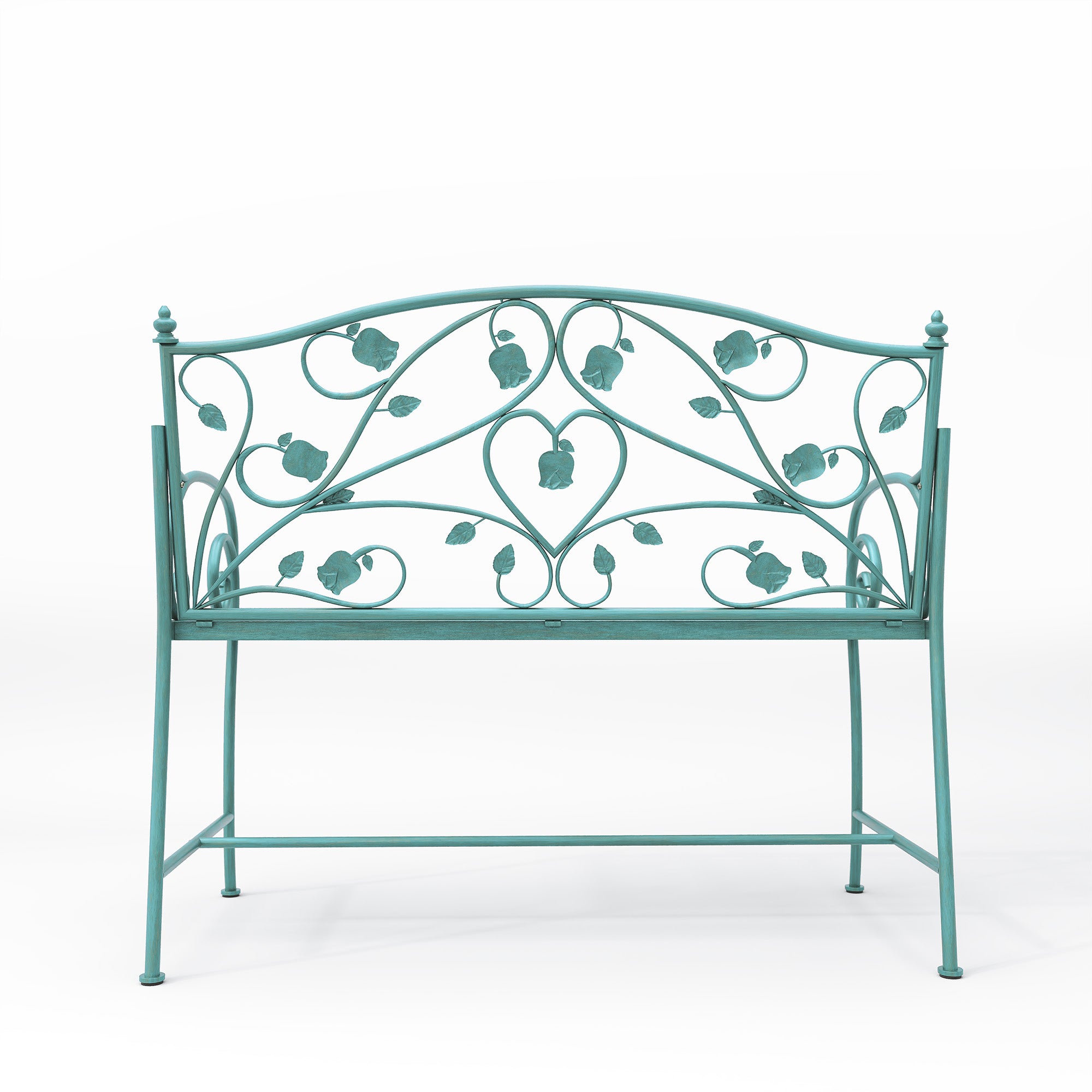 HLR Farmhouse Outdoor Bench with Rose Pattern, 41.7'' Metal Frame Patio Garden Chair Cast Iron, Light Blue