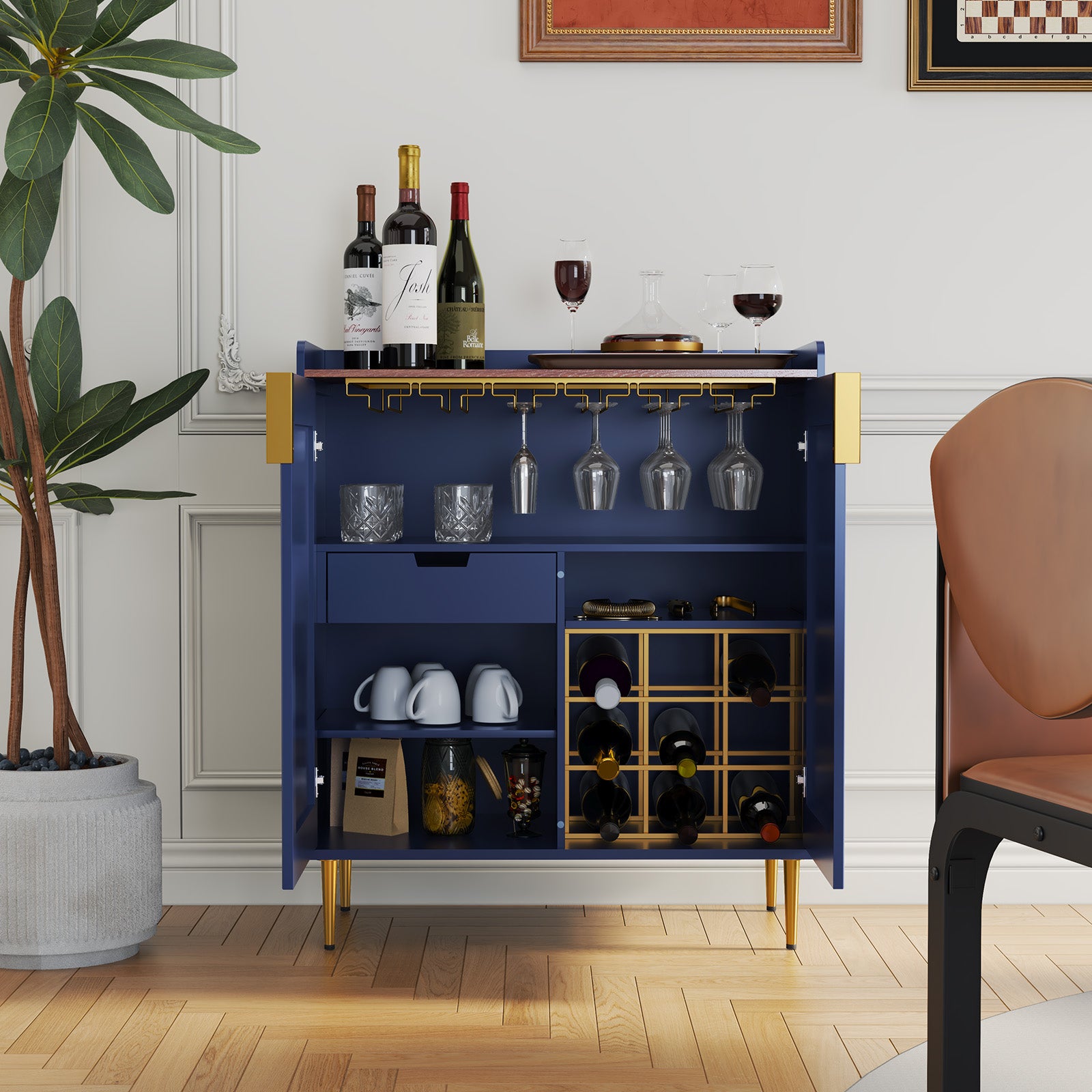 CBJCBJ 32" Wine Bar Cabinet with 2 Door Fluted Texture, Modern Coffee Cabinet with Rack&Glass Holder, , Blue