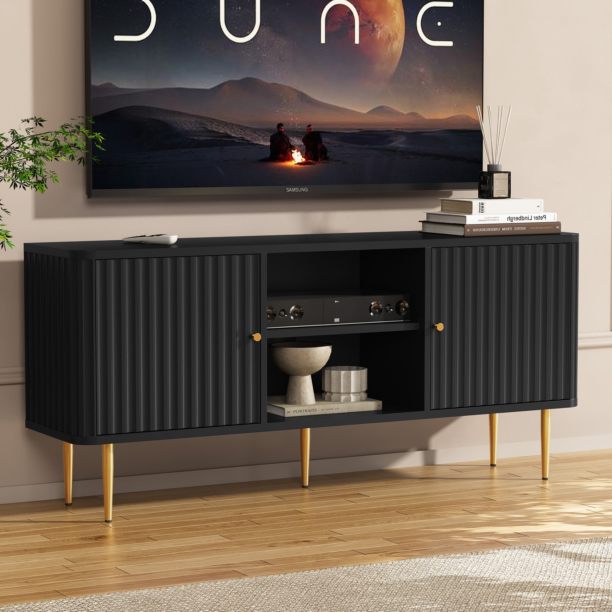 CBJCBJ Modern Fluted 55" TV Stand for 65inch TV with Storage, Entertainment Center for Living Room, BLACK