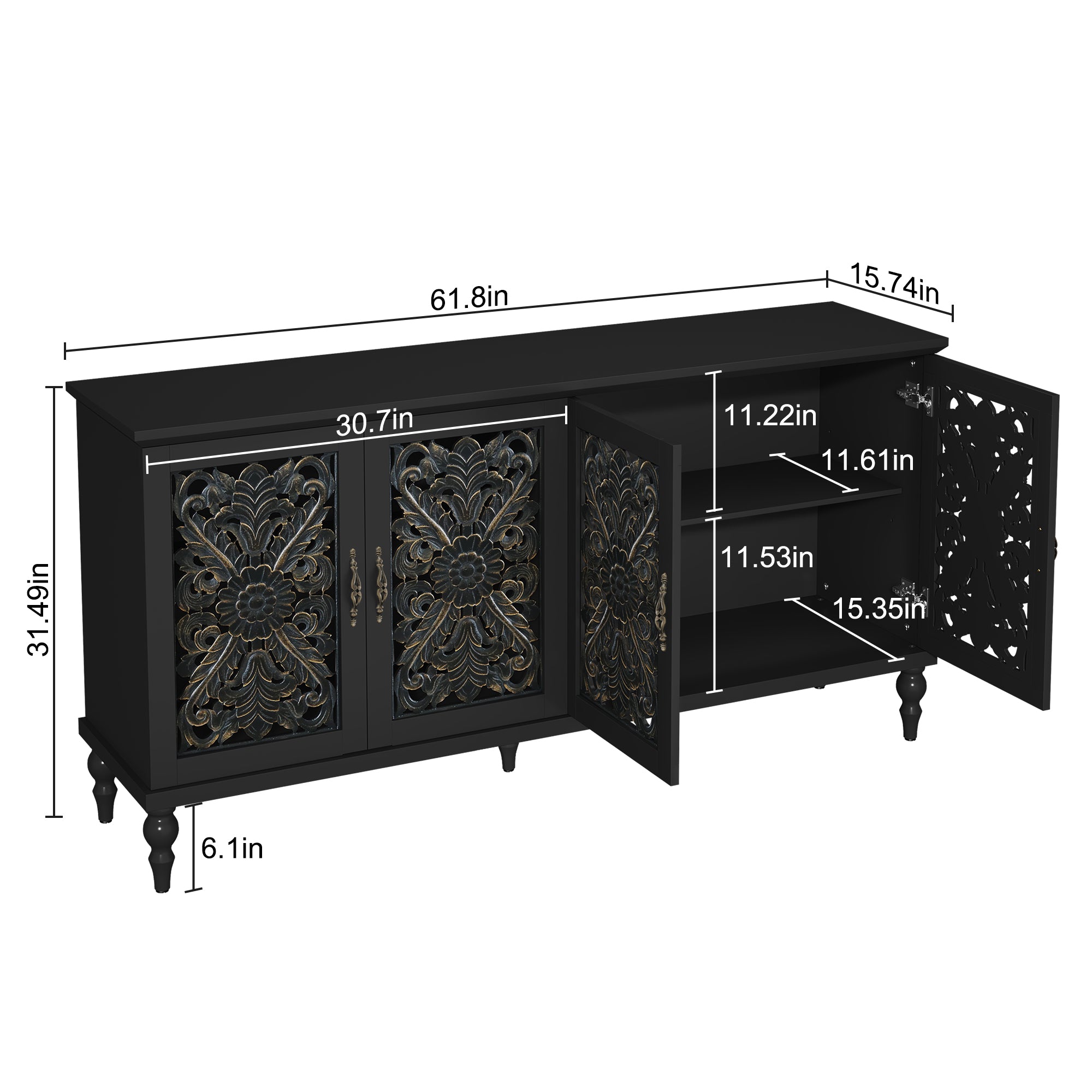 HLR 61.8" Accent Cabinet, 4 Doors Sideboards and Buffets Cabinet Buffet Cabinet with Storage for Living Room, Black