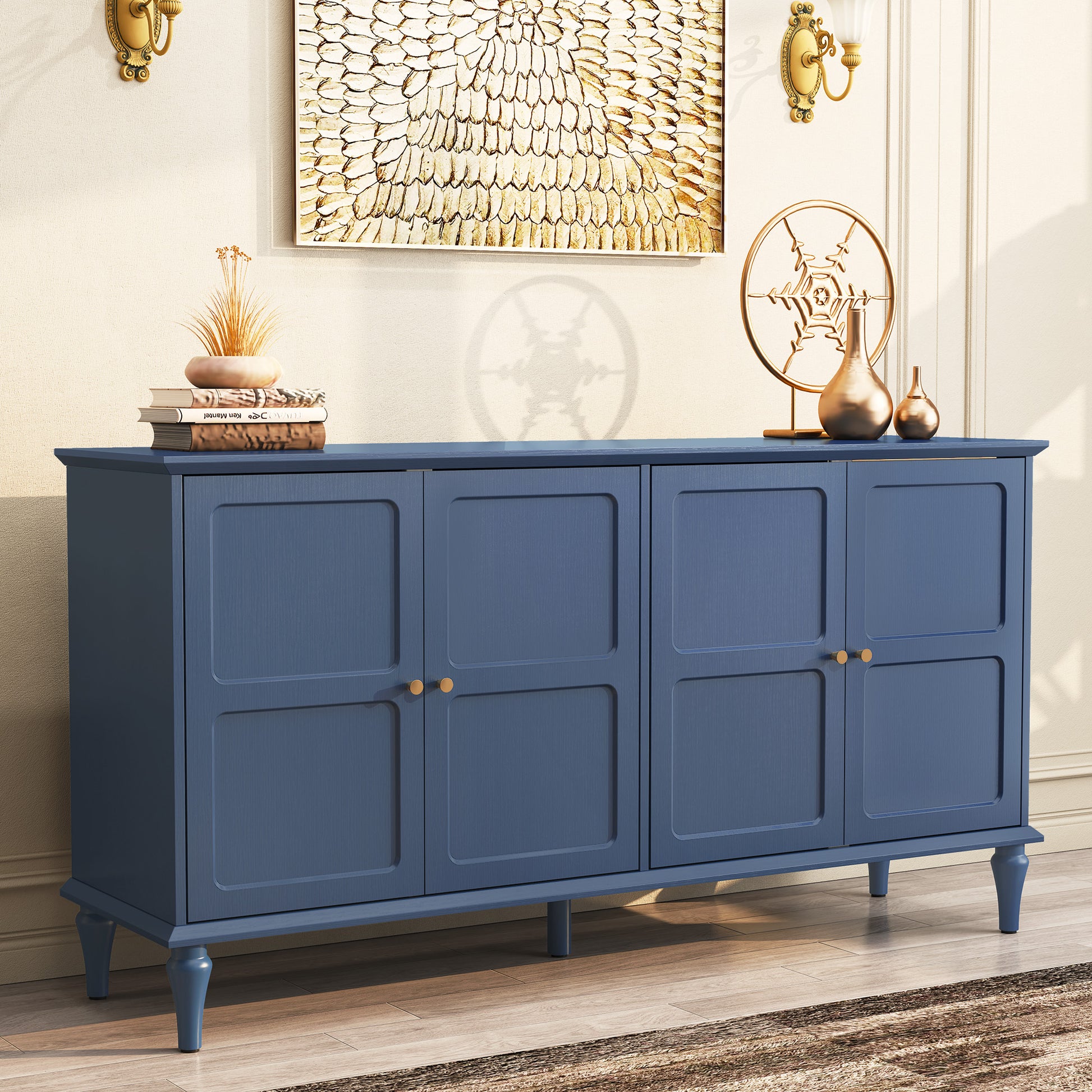 HLR Mid Century 58" Wood 4 Door Sideboard Buffet Cabinet with Storage for Living Dining (Navy Blue)