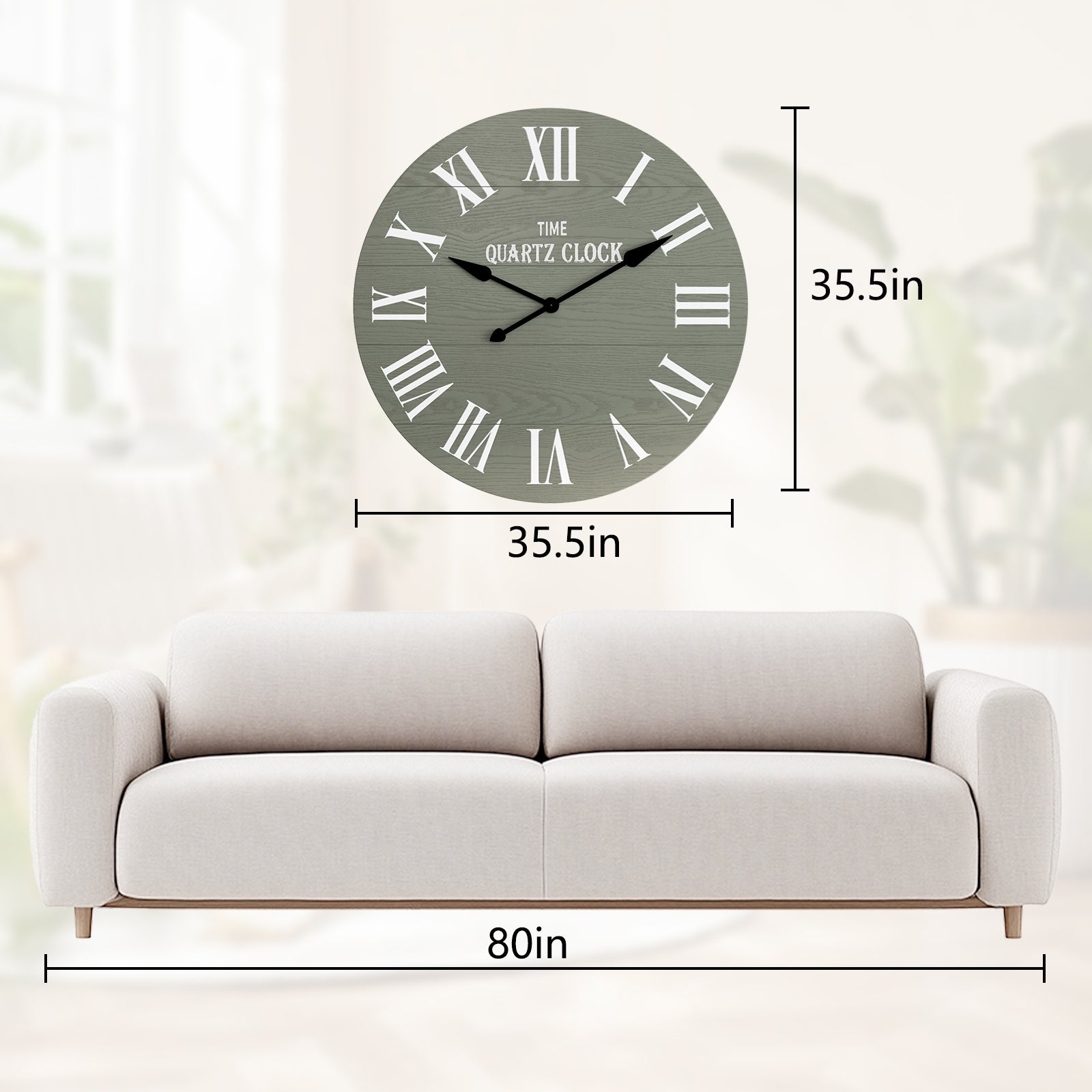 HLR 35.5” Farmhouse Large Shiplap Round Wall Clock with Roman Numeral for Living Room Decor, Green