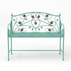 HLR Farmhouse Outdoor Bench with Rose Pattern, 41.7'' Metal Frame Patio Garden Chair Cast Iron, Light Blue