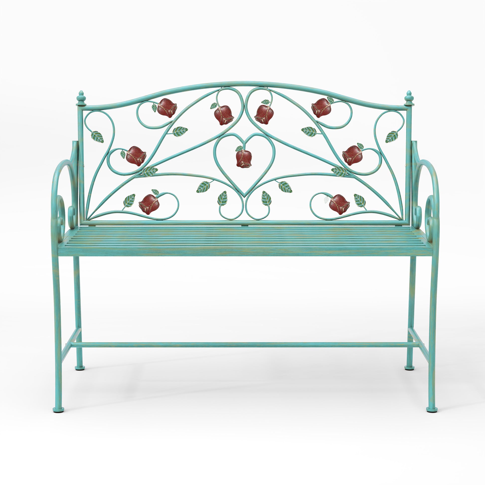HLR Farmhouse Outdoor Bench with Rose Pattern, 41.7'' Metal Frame Patio Garden Chair Cast Iron, Light Blue