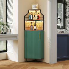 HLR Corner Coffee Bar Cabinet with LED Strip, 4-Tiers Modern Tall Liquor Cabinet with Wine Rack for Dining Room, Green