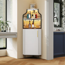 CBJCBJ Corner Coffee Bar Cabinet with LED Strip, Modern Wine Bar Cabinet with Cup Rack, for Dining Room,White