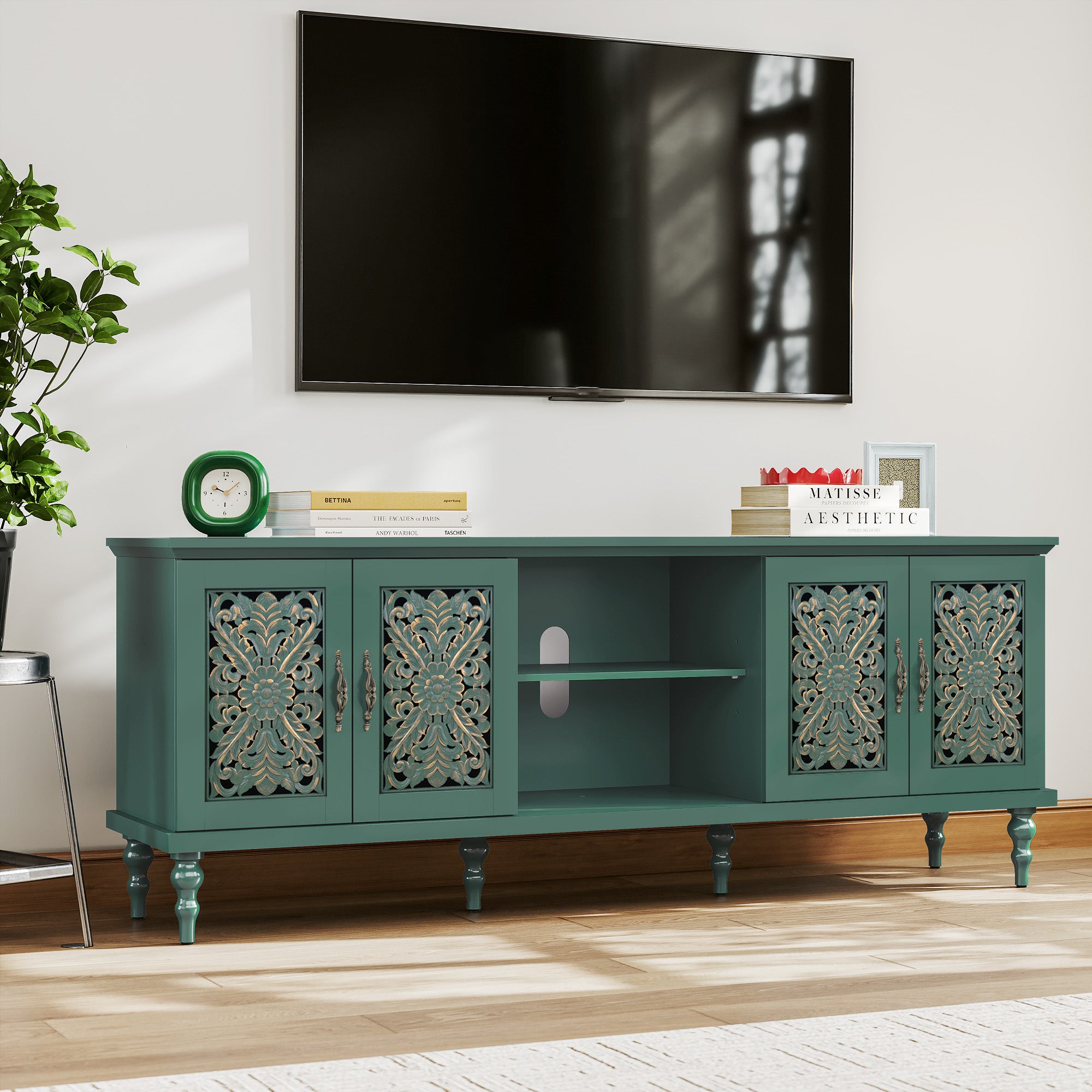 HLR Retro 67" TV Stand, for TVs up to 75", Living Room Entertainment Center with Carved Storage Cabinet, Green