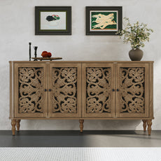 HLR 63" Mid Century Rounded Corners Sideboards Buffets Cabinet with 4 Doors Storage for Kitchen Dining, Brown