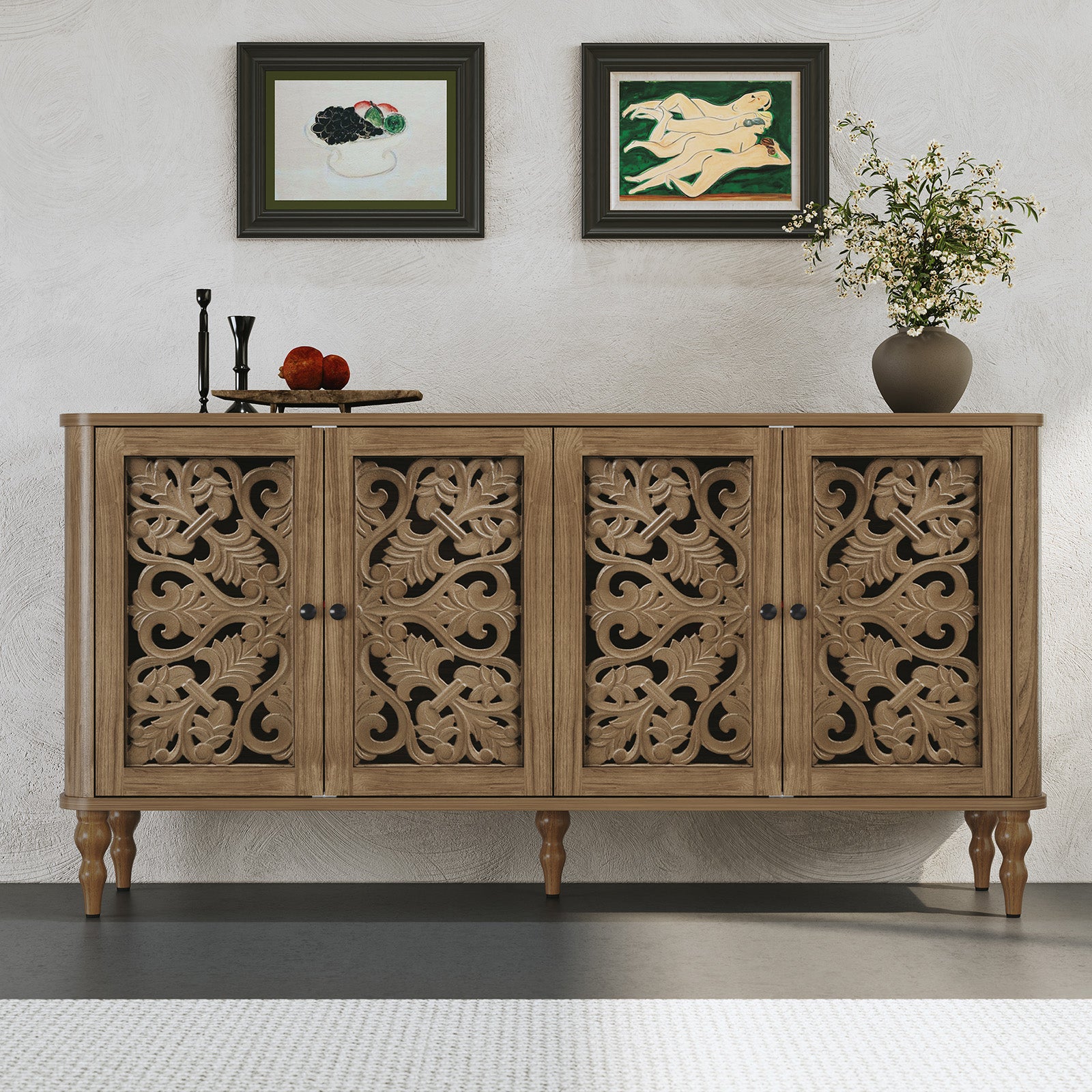 HLR 63" Mid Century Rounded Corners Sideboards Buffets Cabinet with 4 Doors Storage for Kitchen Dining, Brown