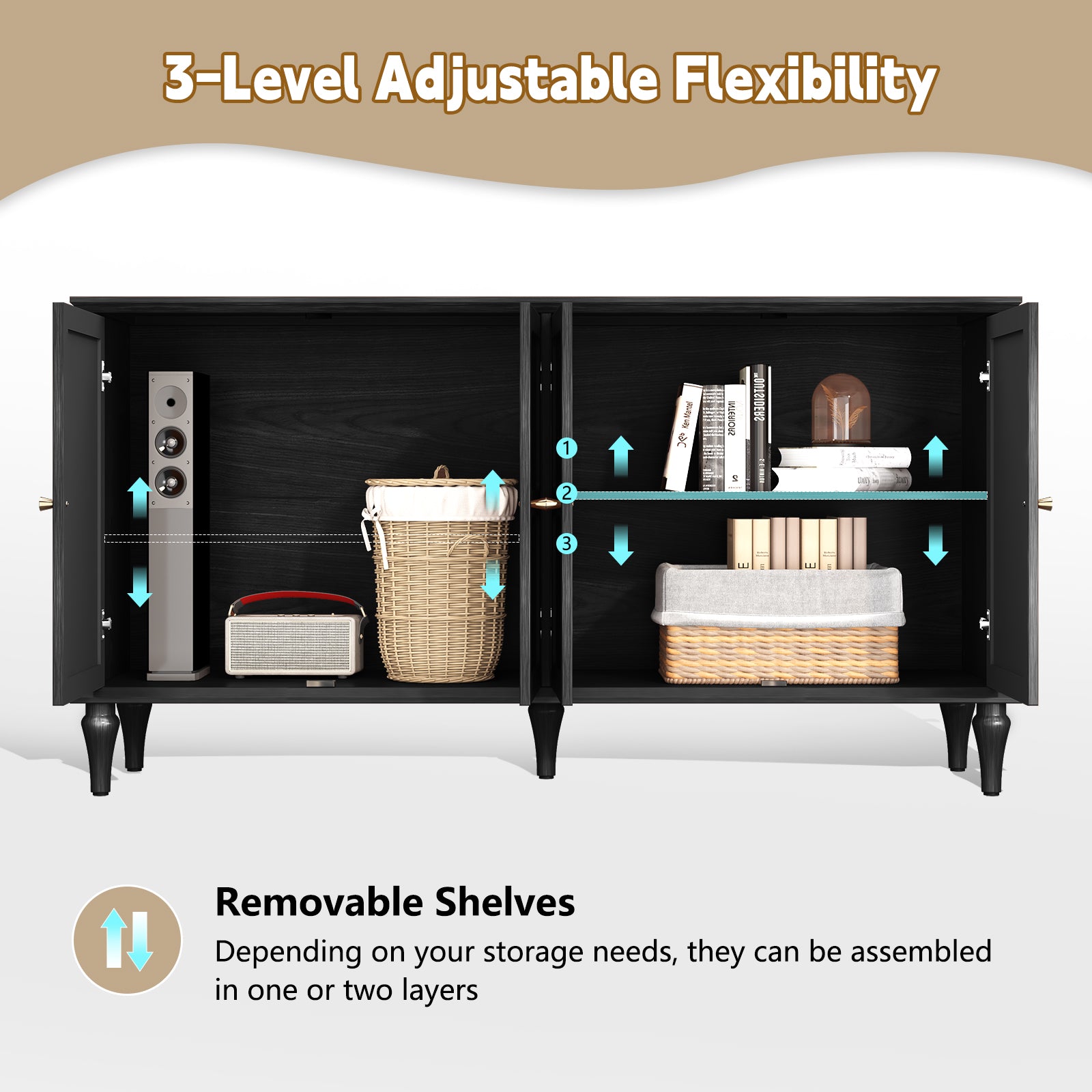 HLR Mid Century 58" Wood 4 Door Sideboard Buffet Cabinet with Storage for Living Dining (Black)
