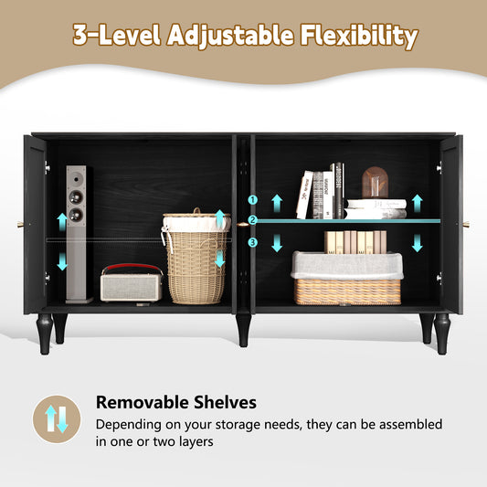 HLR Mid Century 58" Wood 4 Door Sideboard Buffet Cabinet with Storage for Living Dining (Black)