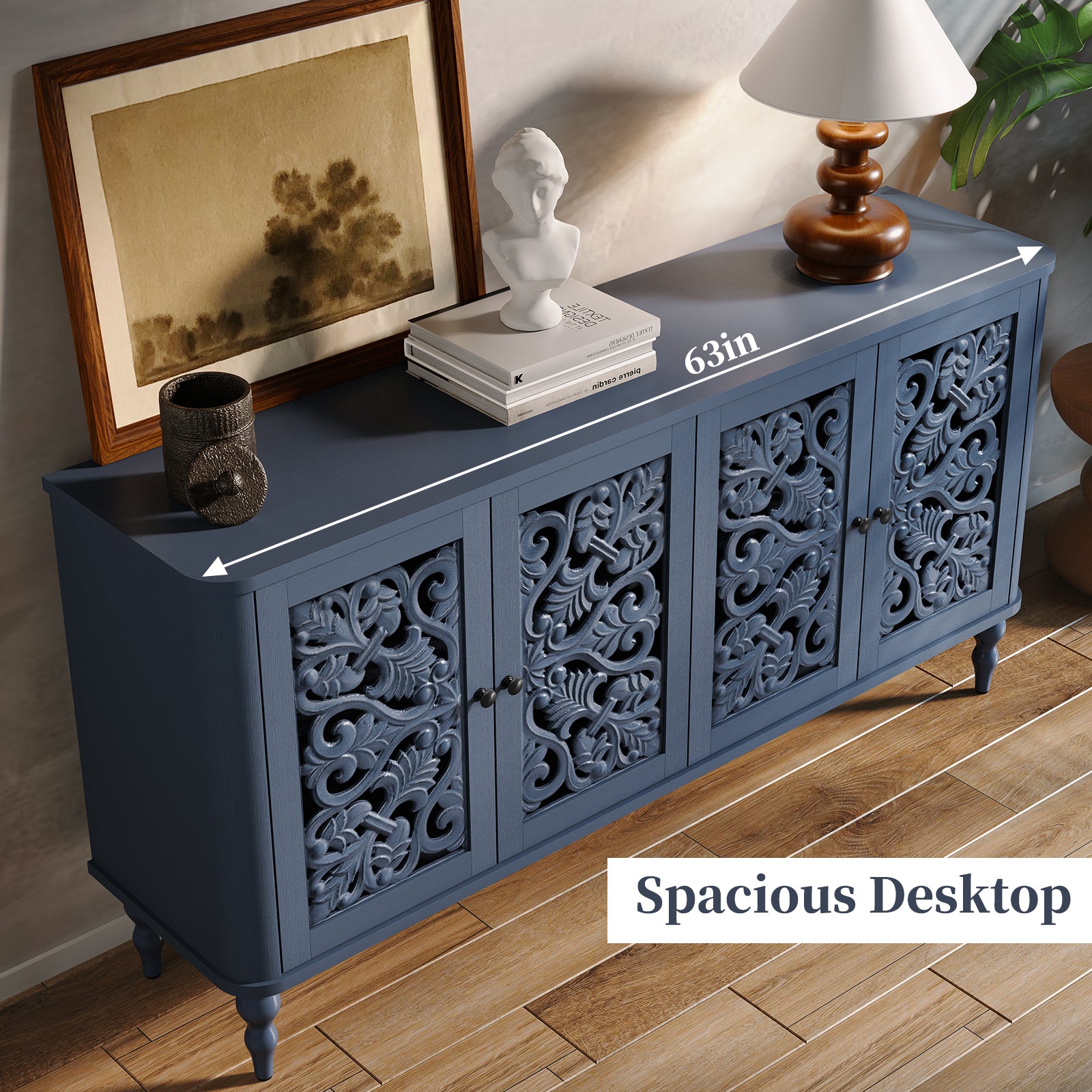 CBJCBJ 63" Retro Arc Carved Sideboard Buffet Cabinet, Wooden Credenza Storage for Dining Room, Blue