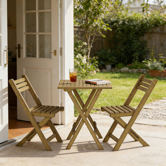 HLR 3-Piece Folding Bistro Table and Chairs Set, Outdoor Patio Solid Wood Furniture Sets with Table Outdoor Garden, Brown