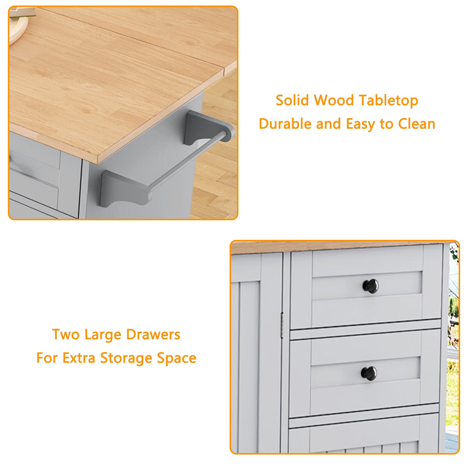 HLR 50.39" Kitchen Island with Storage, Wood Top Cart with Drop Leaf and Wheels, Gray