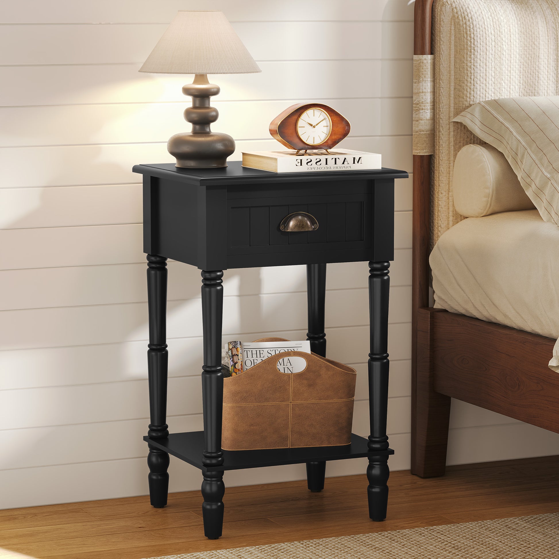 CBJCBJ 26.8"H Retro Nightstands, Side Table with Drawers and Open Shelves, for Bedrooms and Sofas,Black