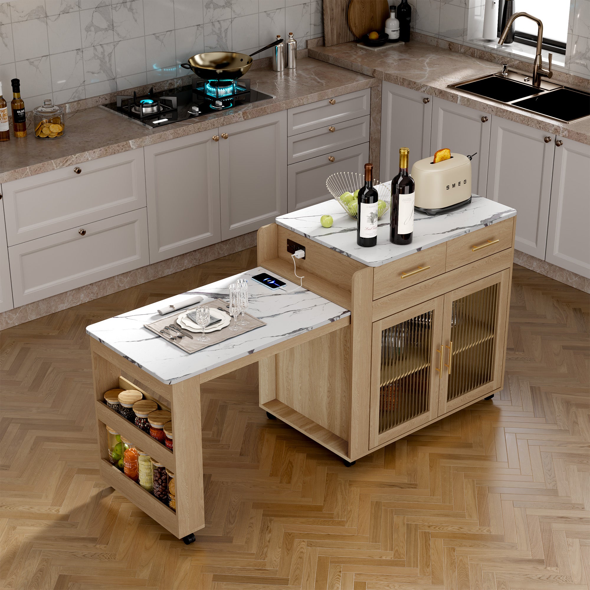 CBJCBJ Kitchen Island with Storage | Expandable Retractable on Wheels 71.65" L | Space-Saving of Island Cart, Beige