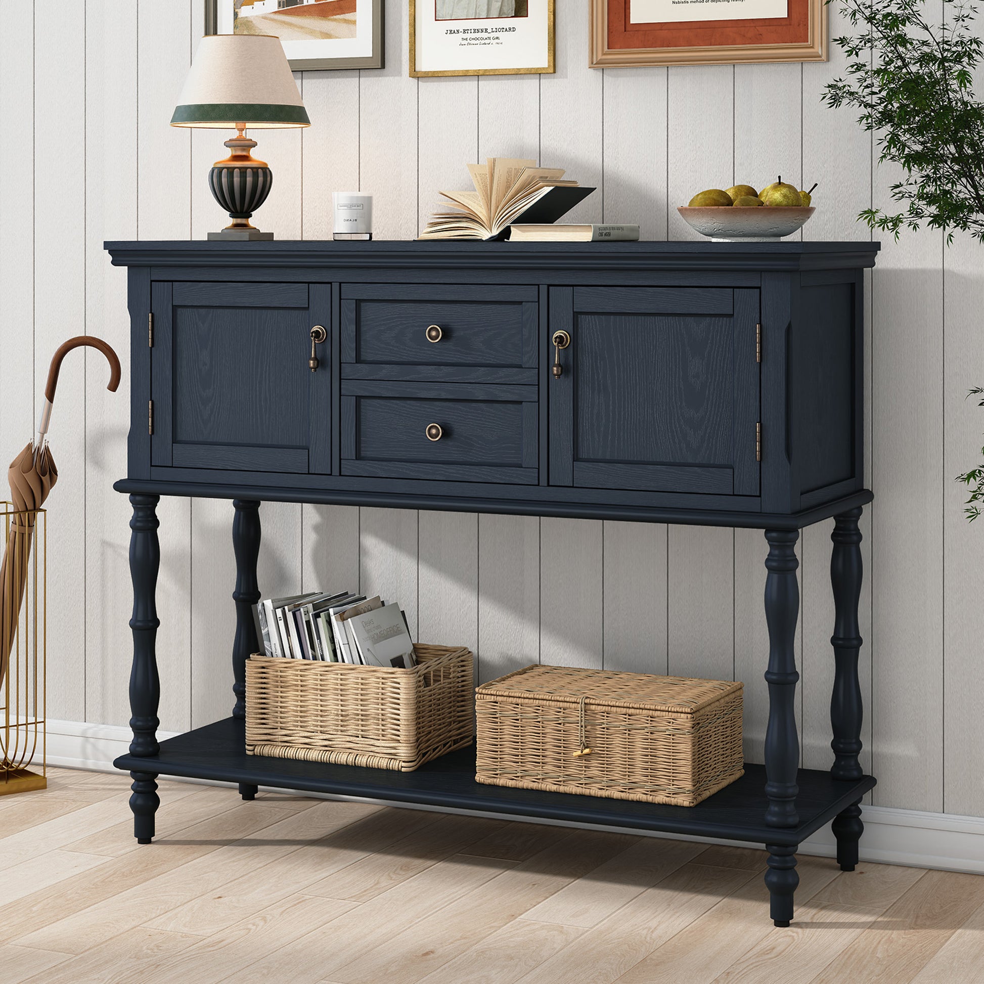 CBJCBJ 42" Farmhouse Console Table , 2 Drawer Narrow Long Entryway Table with Open Storage Shelf , for Living Room, Blue