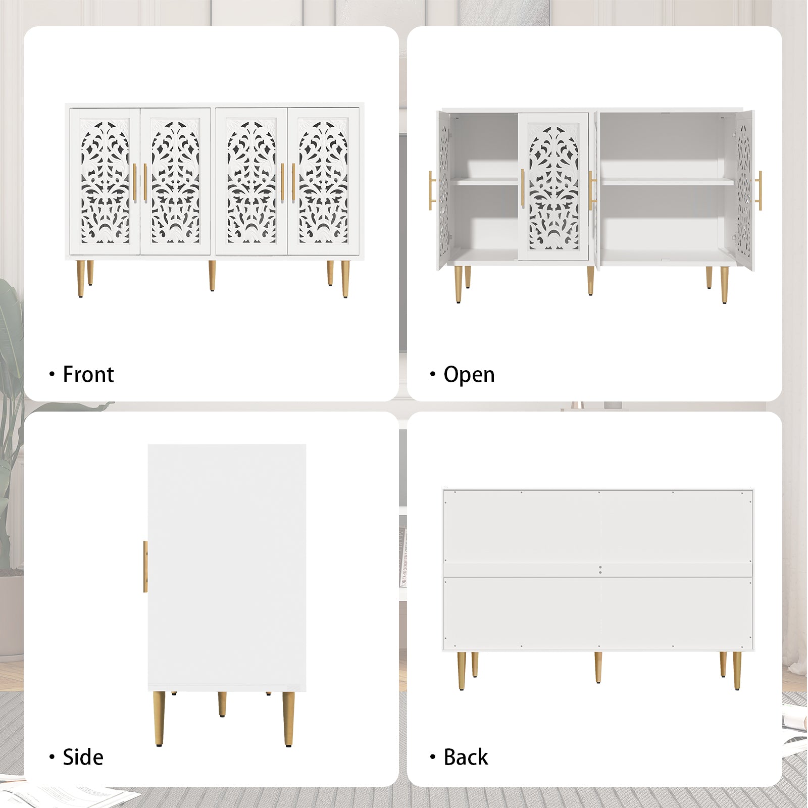 CBJCBJ 48″ Retro Storage Cabinet with 4 Doors, Hollow Carved Buffet Hutch for Living Room, Kitchen, Dining & Entryway, Vintage Decorative Organizer (WHITE)