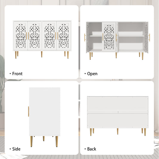 CBJCBJ 48″ Retro Storage Cabinet with 4 Doors, Hollow Carved Buffet Hutch for Living Room, Kitchen, Dining & Entryway, Vintage Decorative Organizer (WHITE)