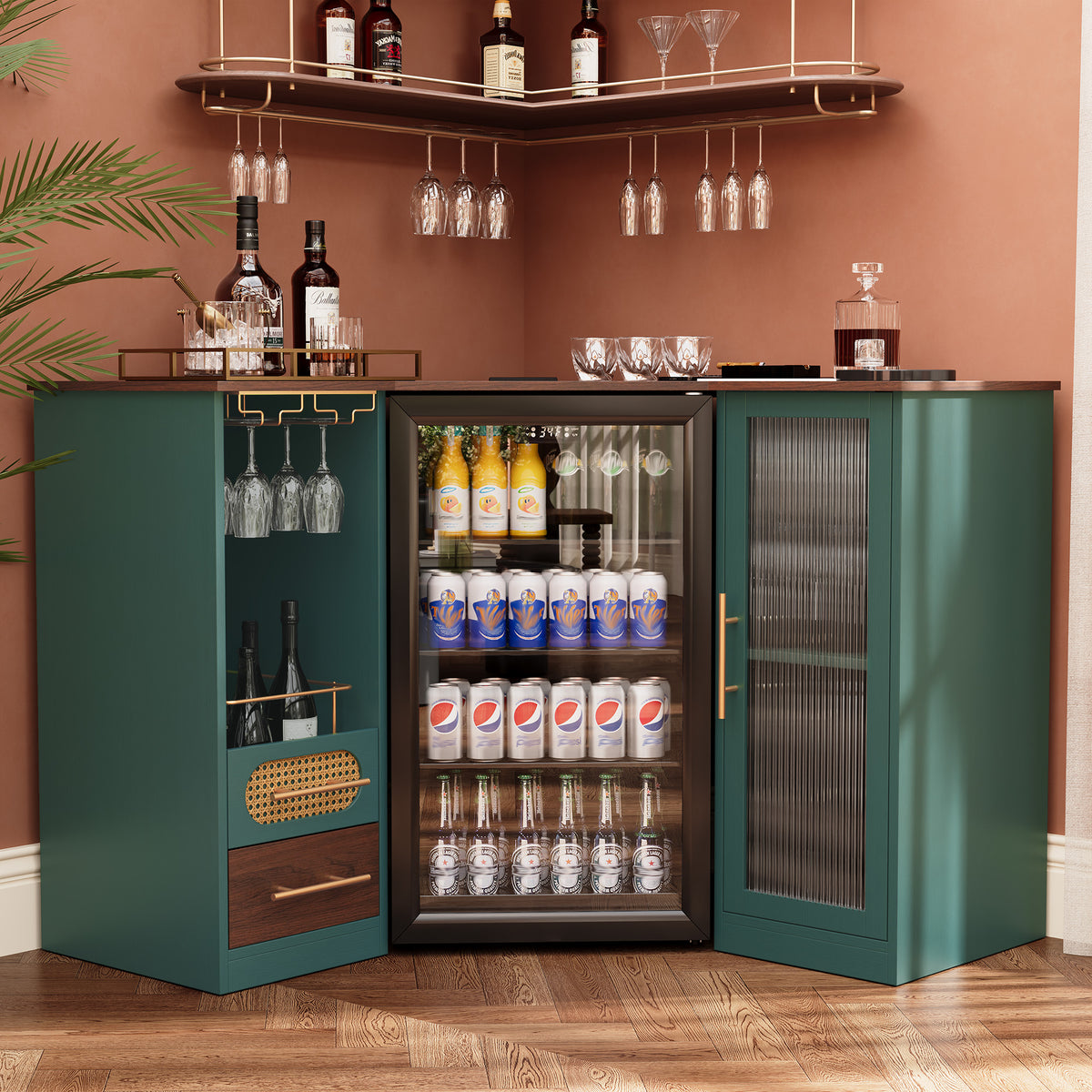HLR Modern Corner Bar Cabinets with Mini Fridge Space, Wine Glass Rack, Storage Drawers, Green