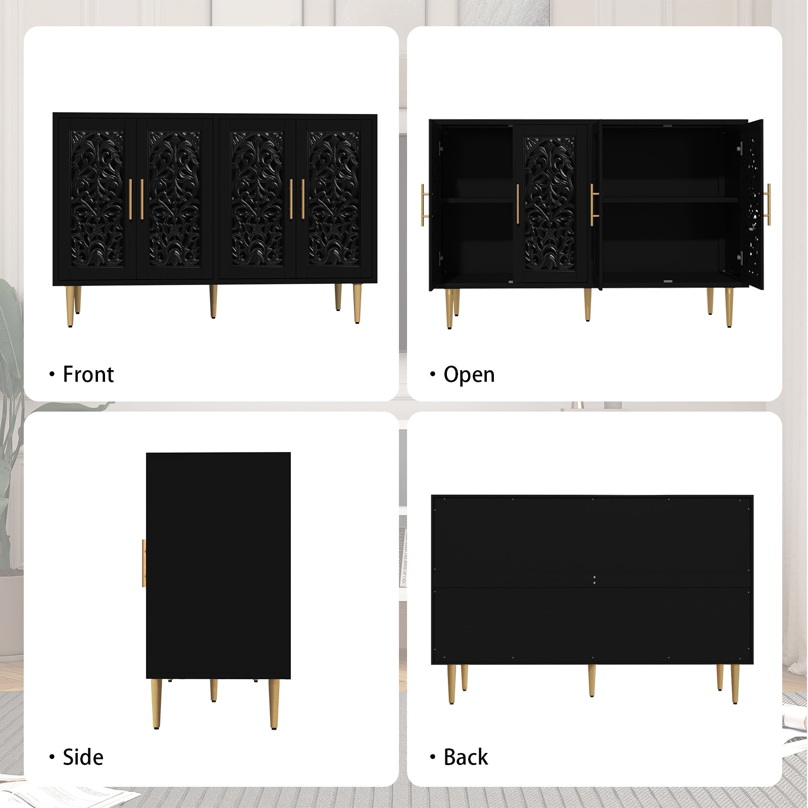 CBJCBJ 48″ Retro Storage Cabinet with 4 Doors, Hollow Carved Buffet Hutch for Living Room, Kitchen, Dining & Entryway, Vintage Decorative Organizer (Black)