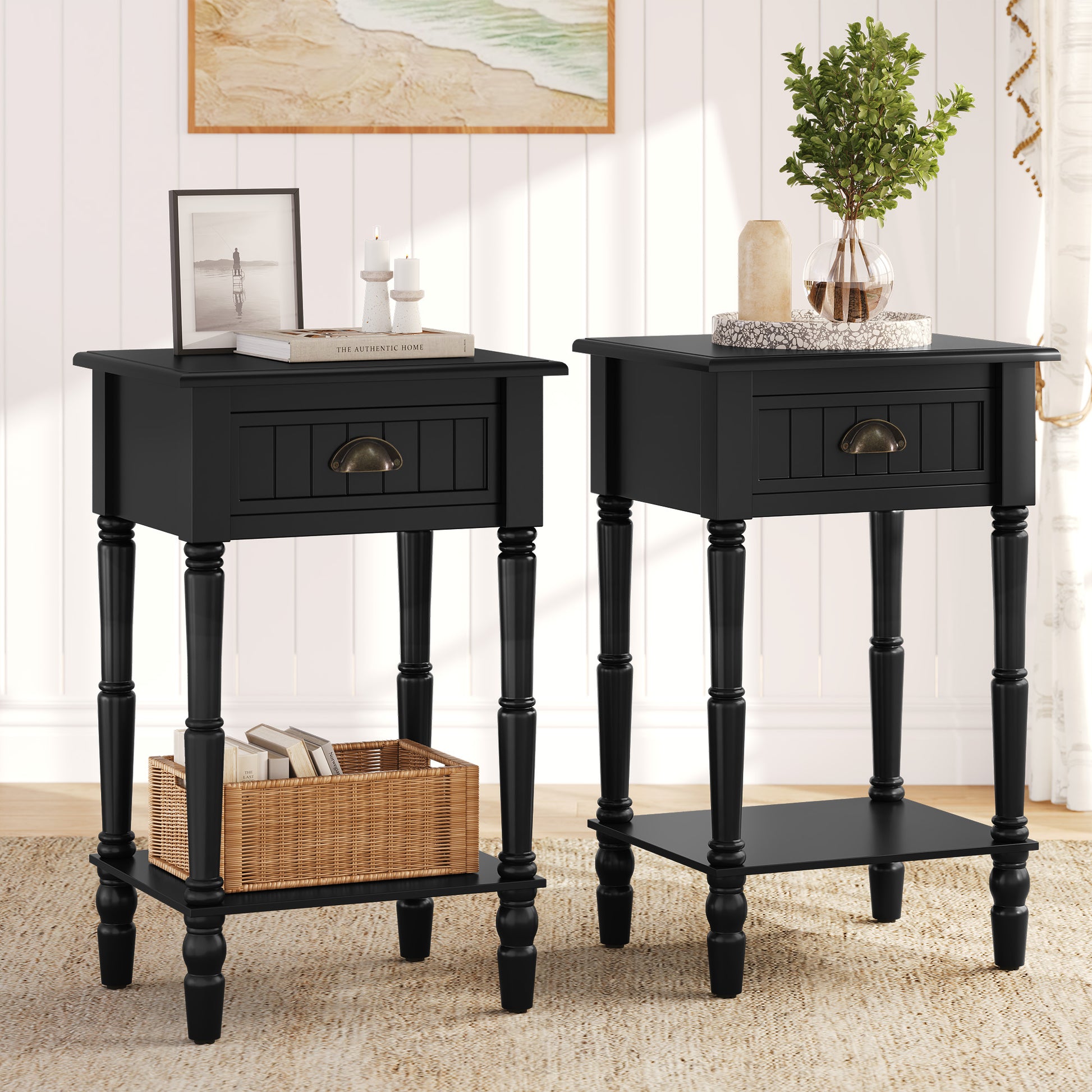 HLR 26"H Modern Nightstands Set of 2 with Drawers, Minimal Assembly Wood End Table for Bedroom, Black