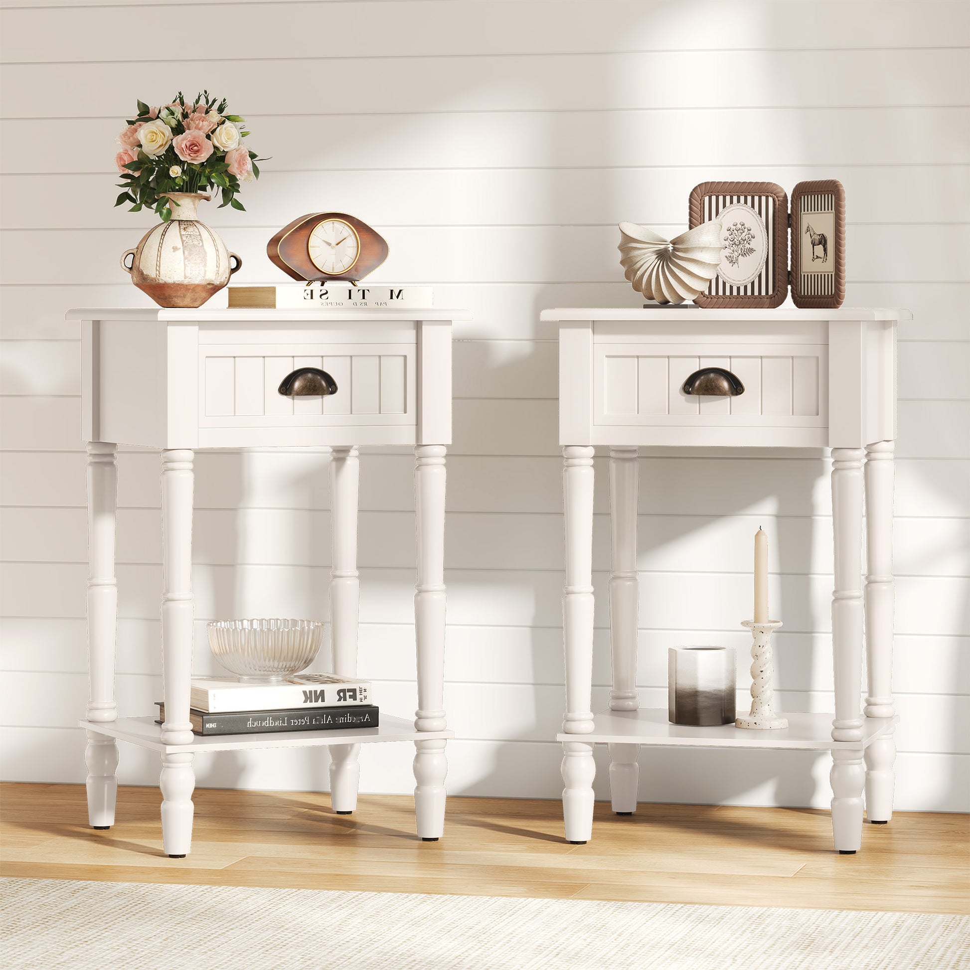 CBJCBJ 26.8"H Retro Nightstands Set of 2, Side Table with Drawers and Open Shelves, for Bedrooms and Sofas,White