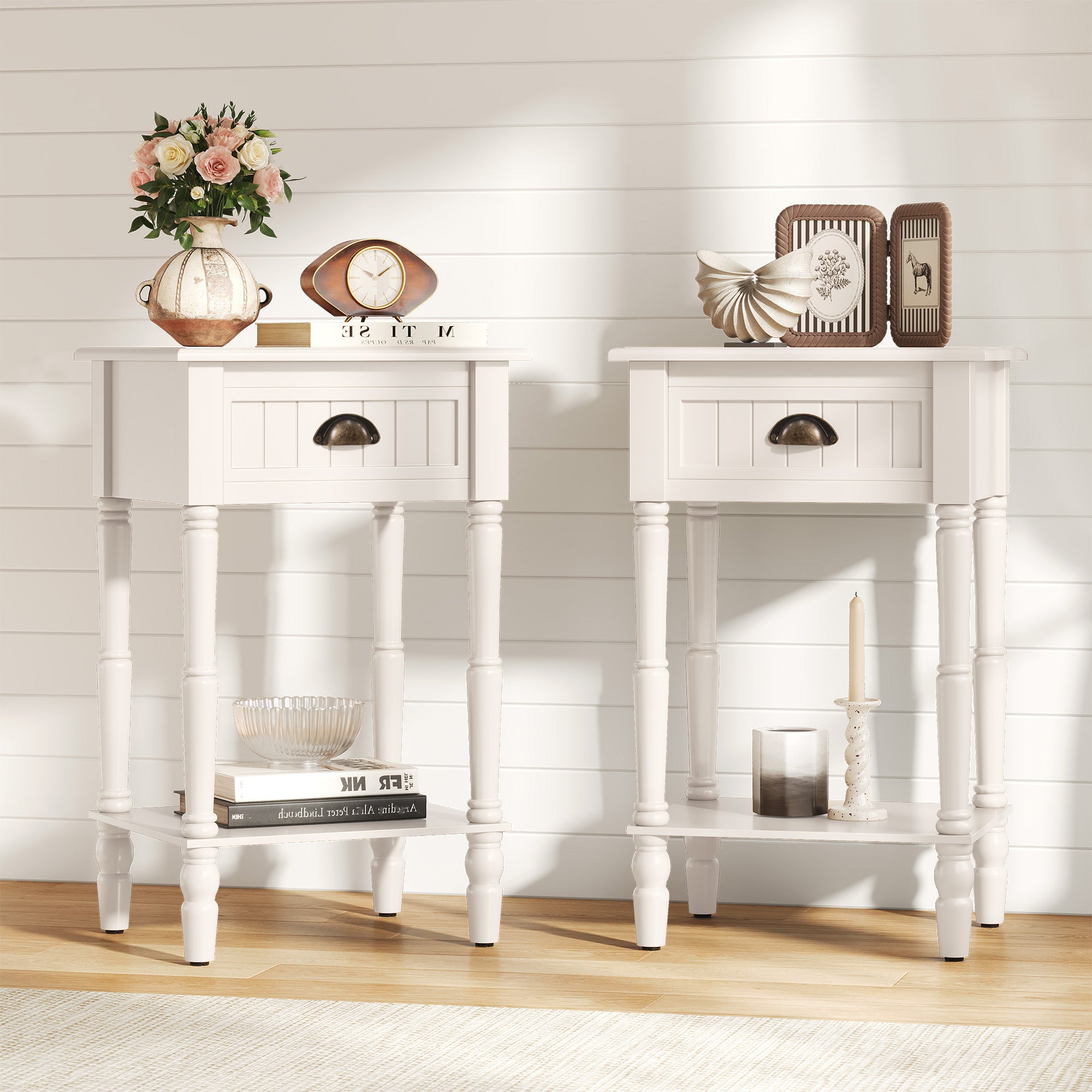 CBJCBJ 26.8"H Retro Nightstands Set of 2, Side Table with Drawers and Open Shelves, for Bedrooms and Sofas,White