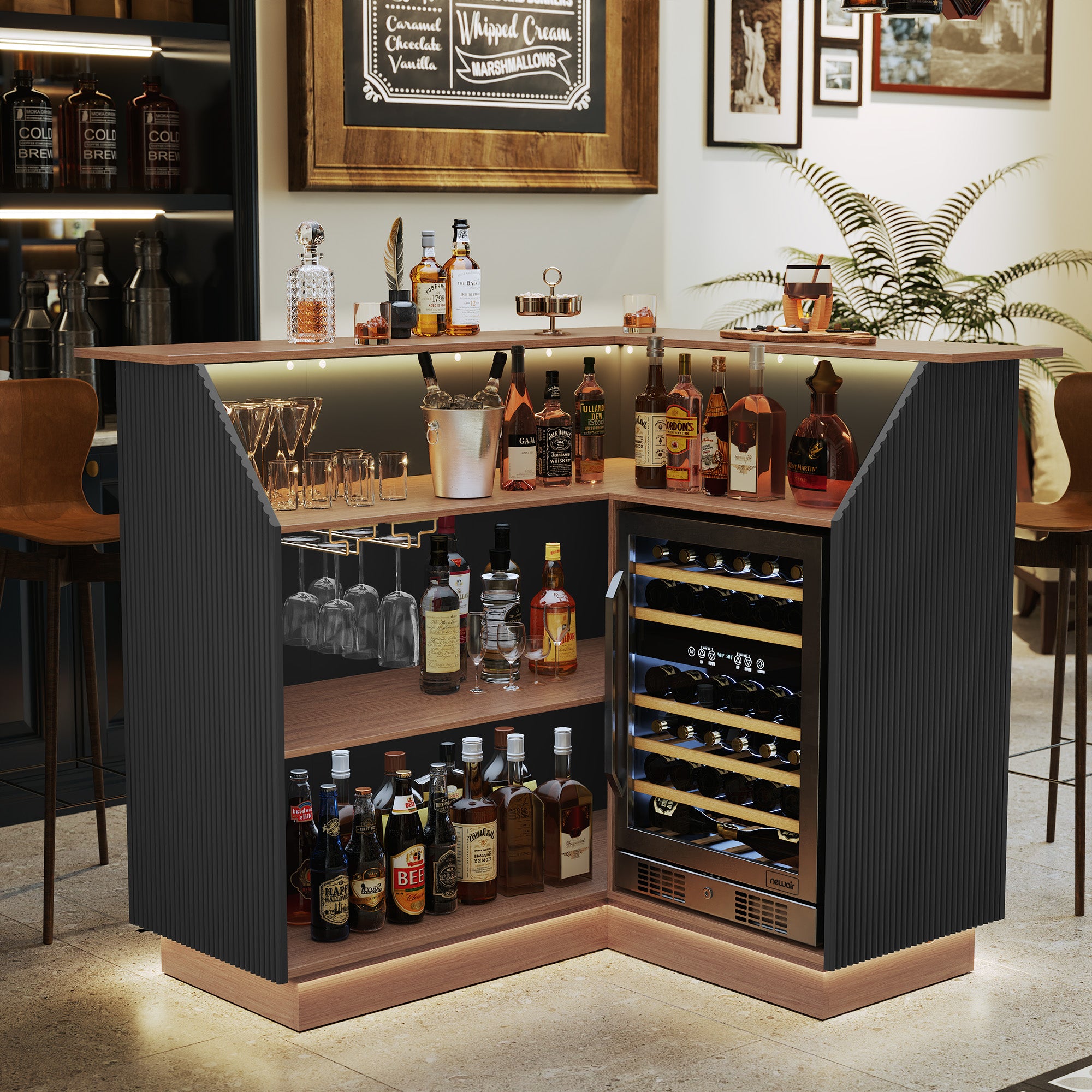 CBJCBJ L-Shaped Home Bar Cabinet,4-Tier Corner Bar counter with Fridge Space,Unit Wine Cabinet with Storage,Black
