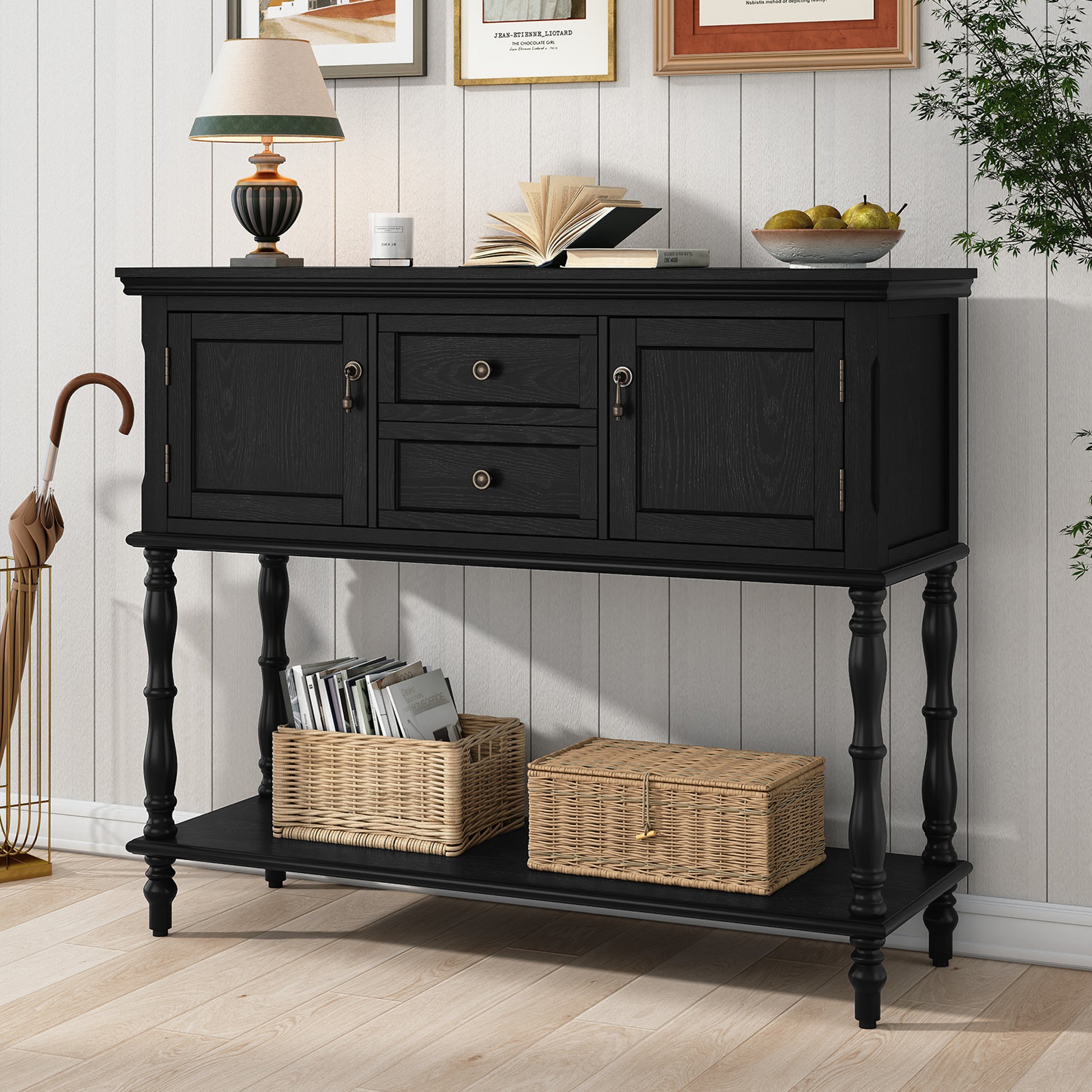 CBJCBJ 42" Farmhouse Console Table , 2 Drawer Narrow Long Entryway Table with Open Storage Shelf , for Living Room, Black