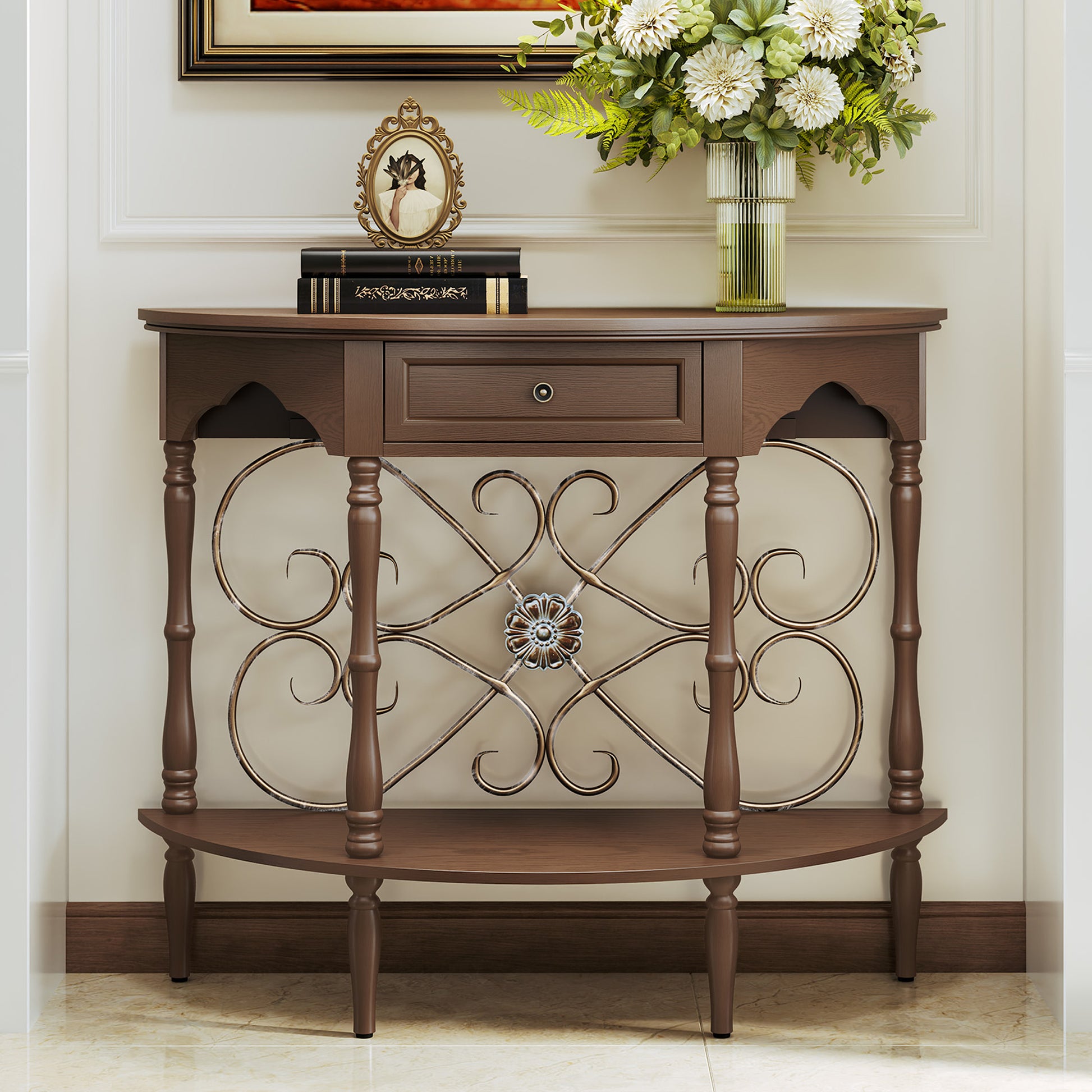 HLR 40" Mid Century Console Table with Drawer, Assembled Entryway Table with Storage for Hallway, Brown